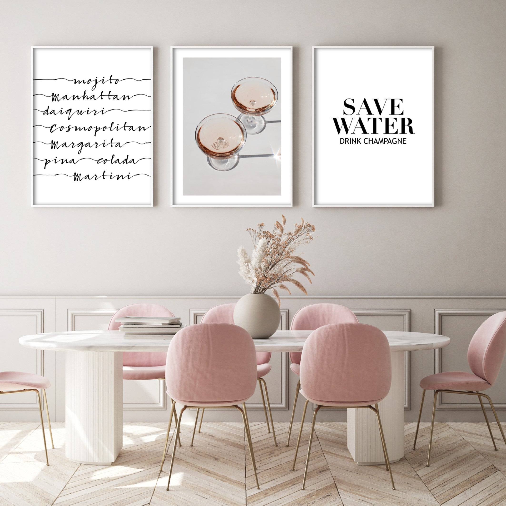 pink dining room with stylish kitchen posters