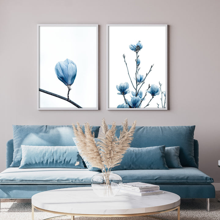 blue magnolia flower print set in a modern living room