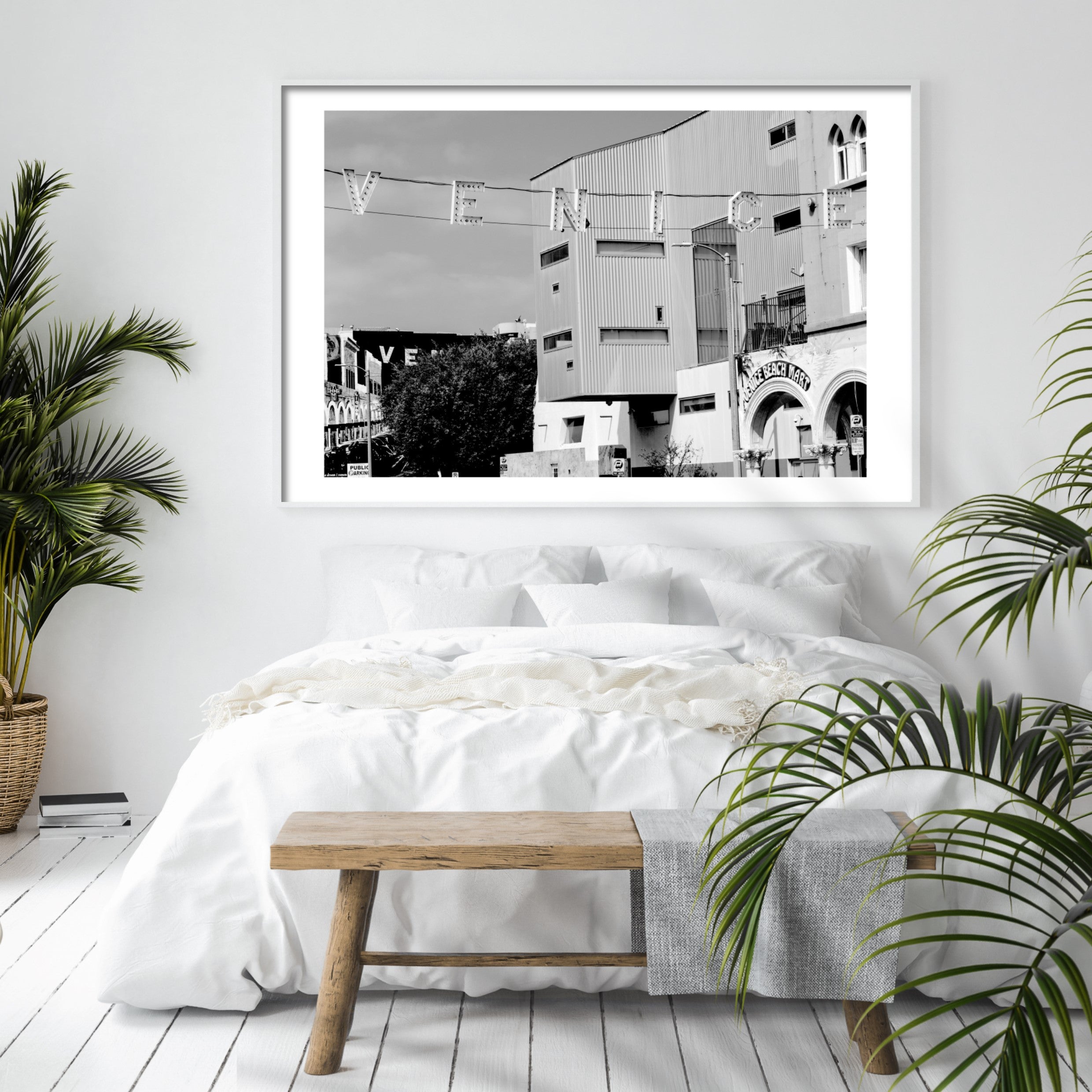 venice beach wall art in boho white bedroom