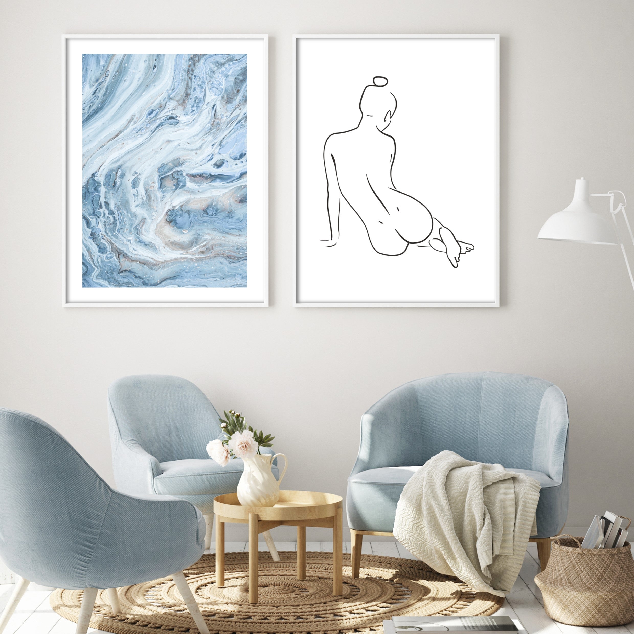 bright blue wall art in scandi style living room