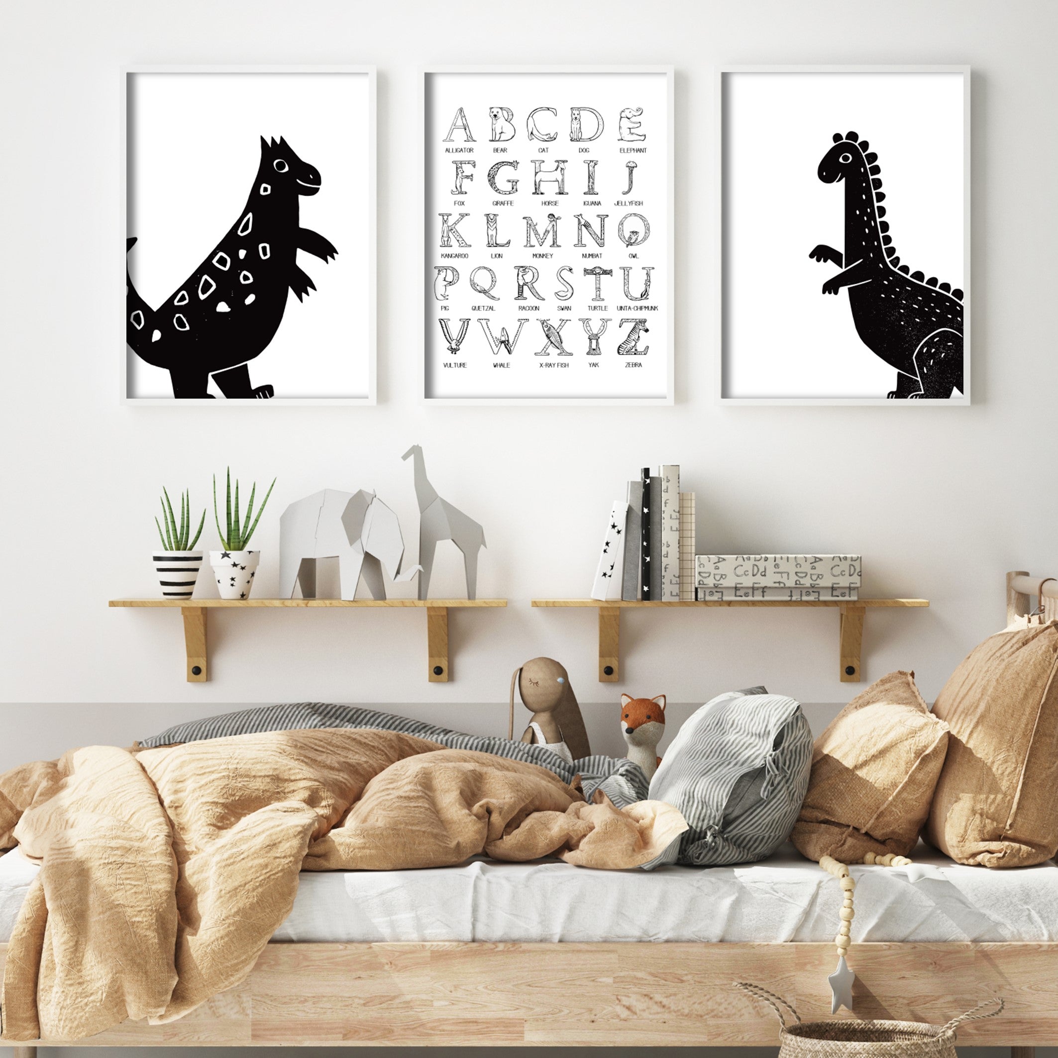 illustrated animal alphabet wall art in kids bedroom