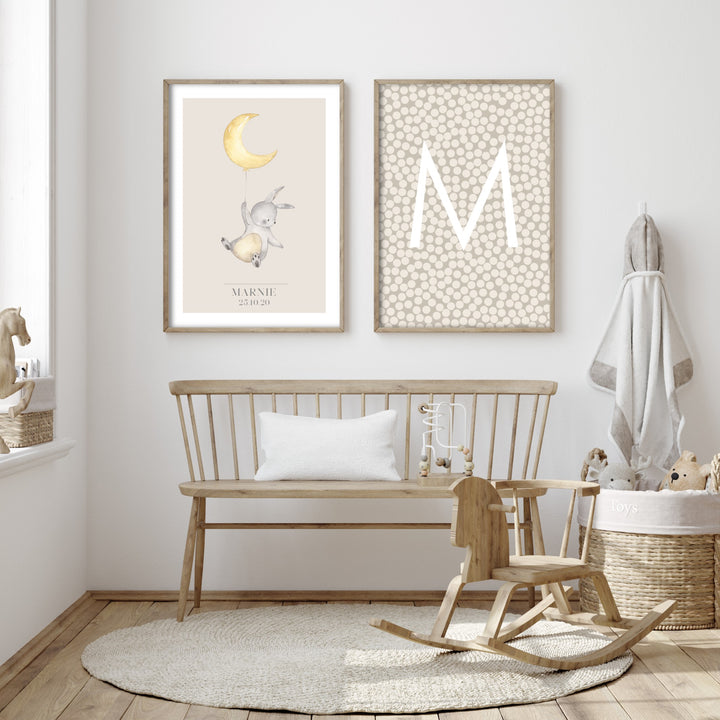 Personalised poster of a bunny Rabbit holding a balloon in childs bedroom decorated in white