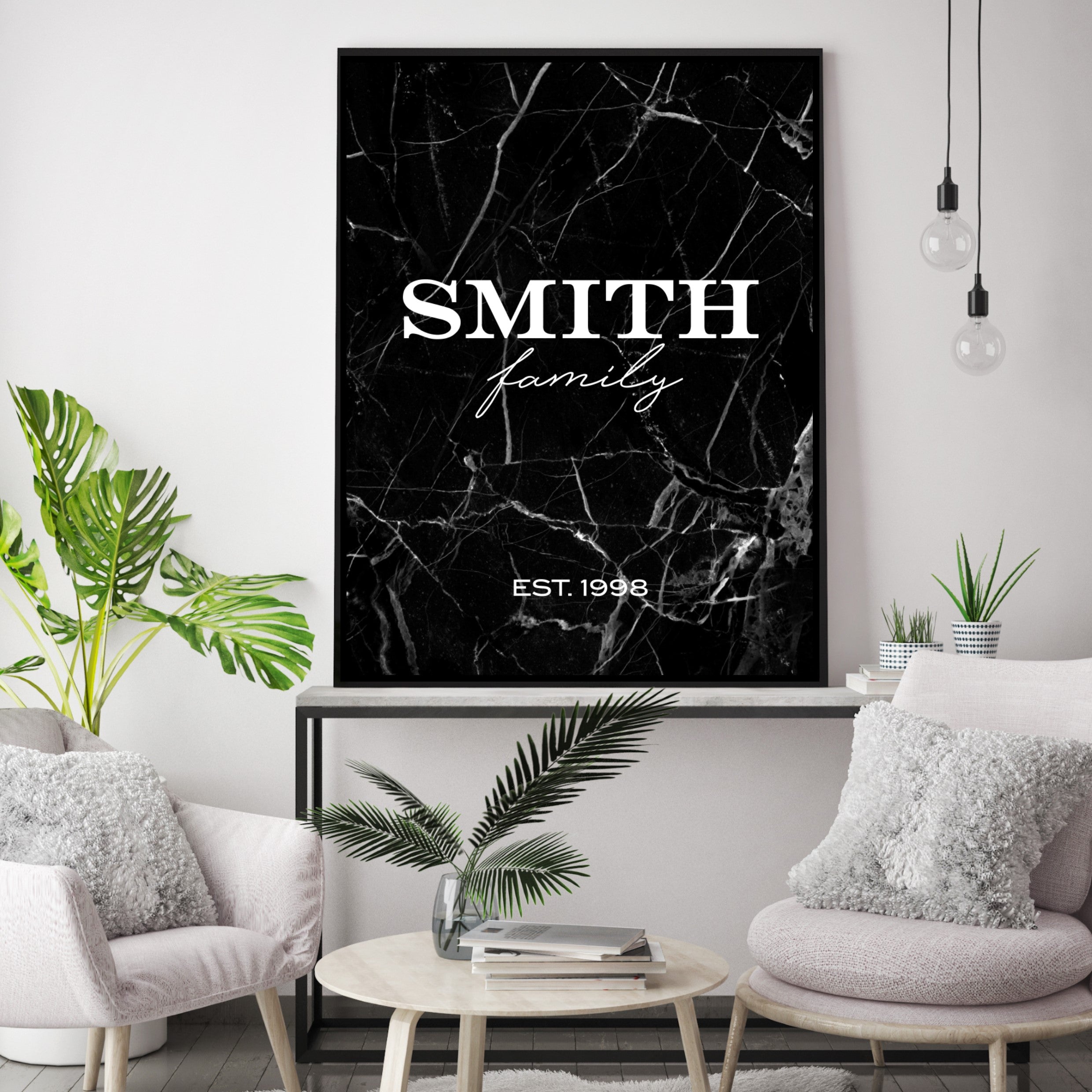 Print poster wall art family name black marble