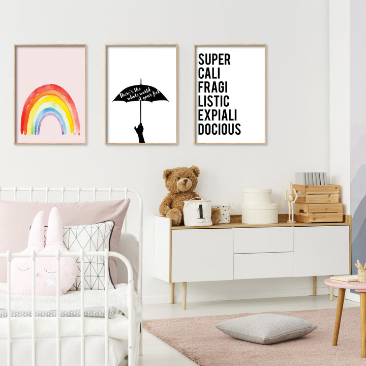 rainbow wall print in scandi style kids bedroom