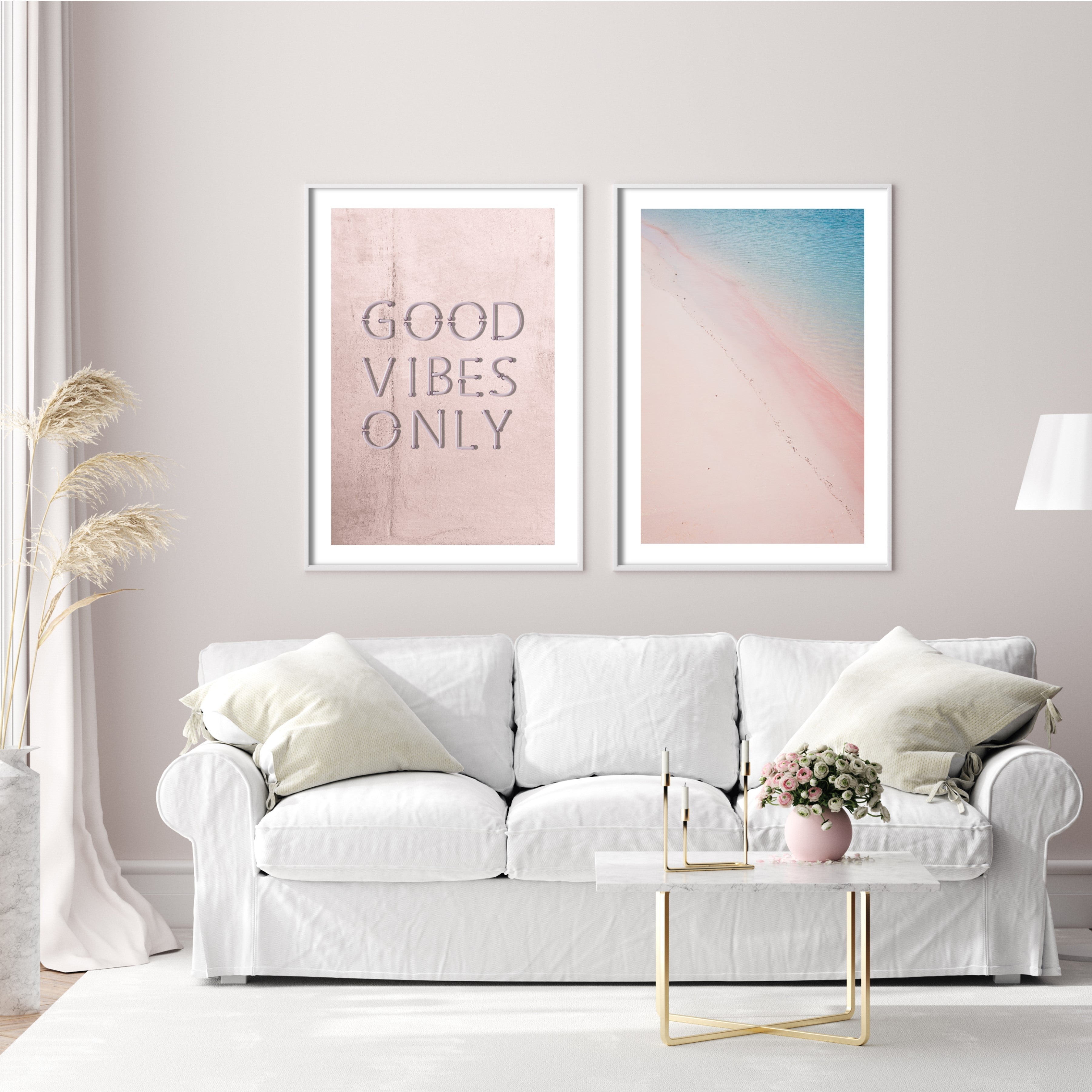 pink beach wall art in white living room