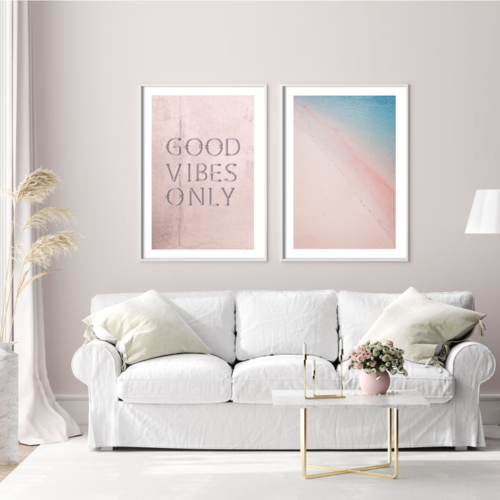 pink beach wall art in white living room