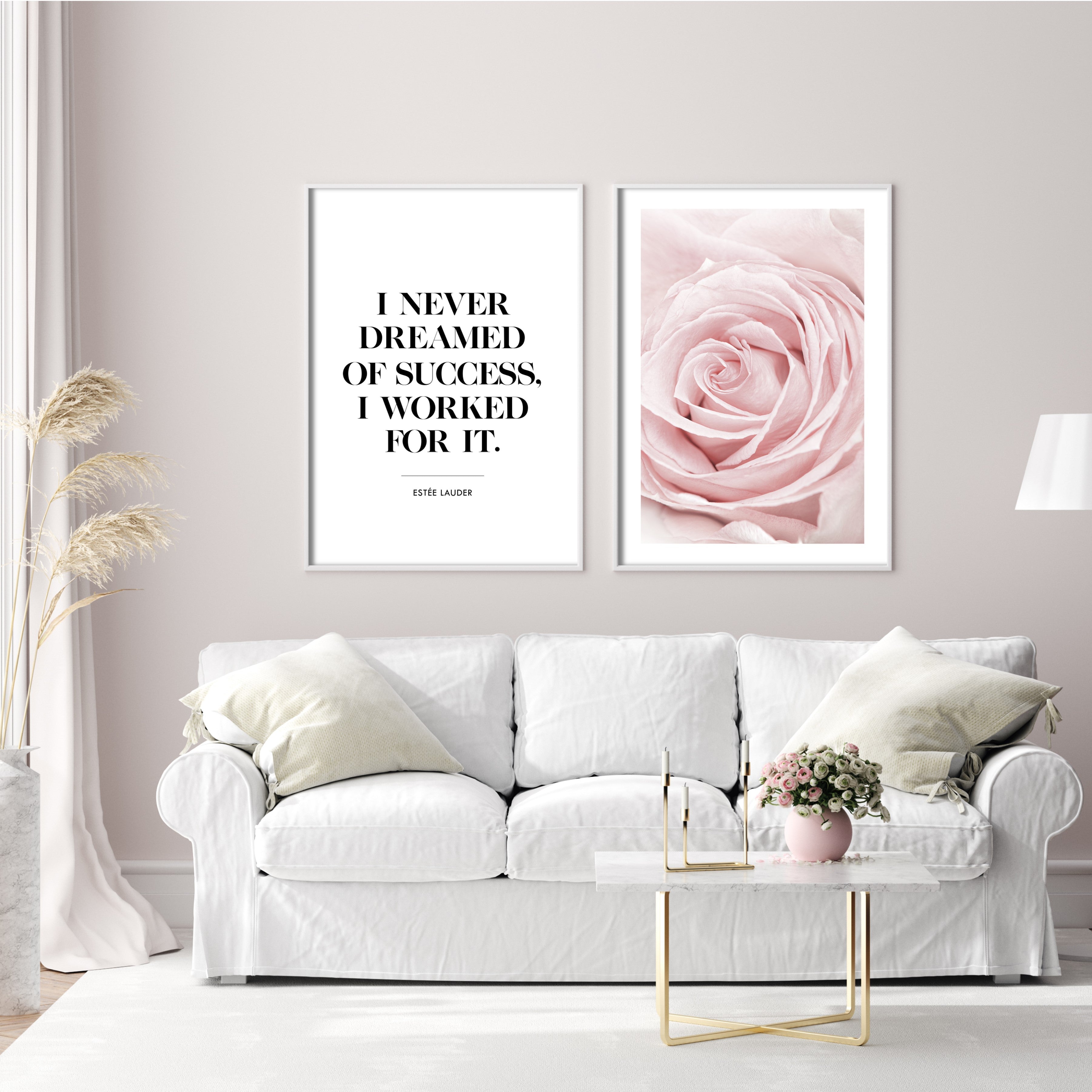 poster of A  Close up of a Pink Rose  with a white border in white decorated living room