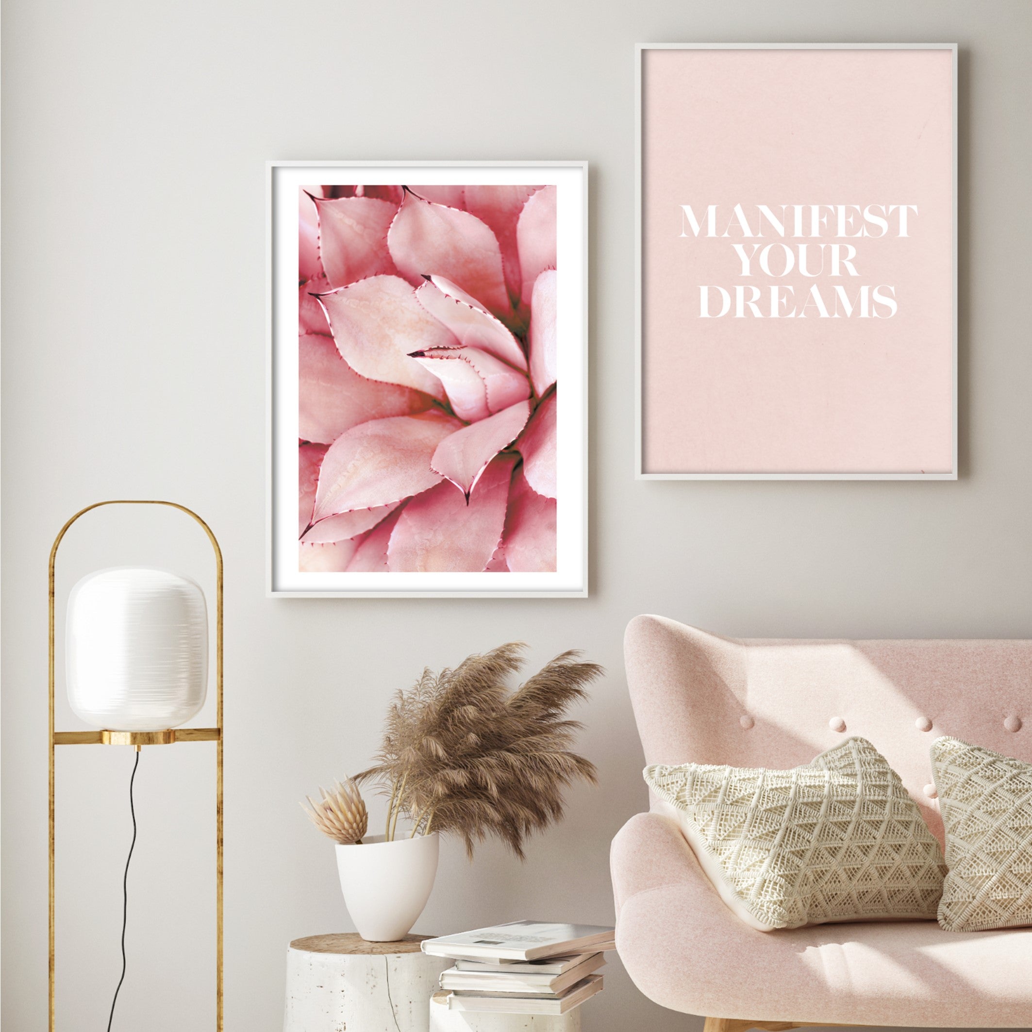 poster of close up pink sharp petals with a white border in light blush pink living room