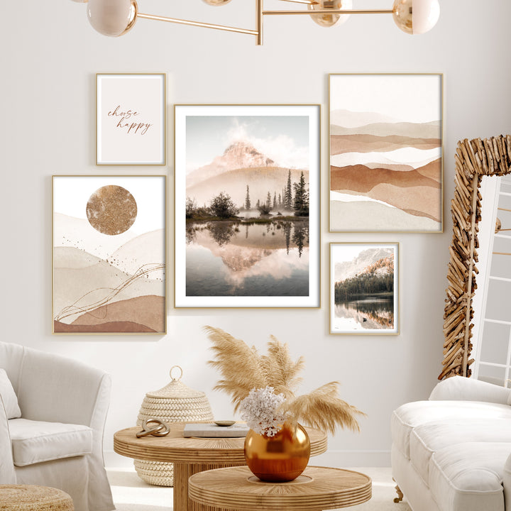 boho mountain poster wall art in scandi living room