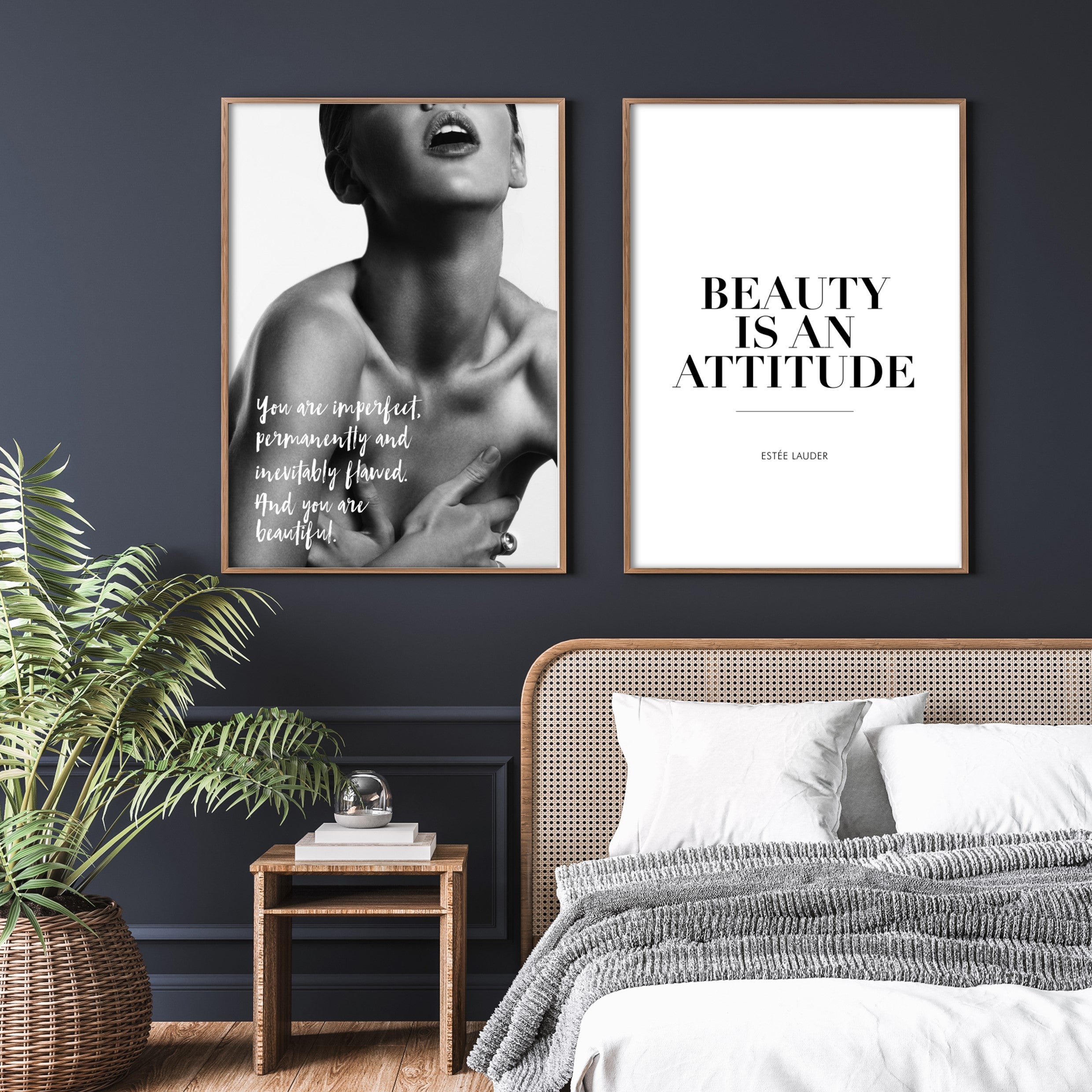 self love wall art in navy blue wall panelled bedroom