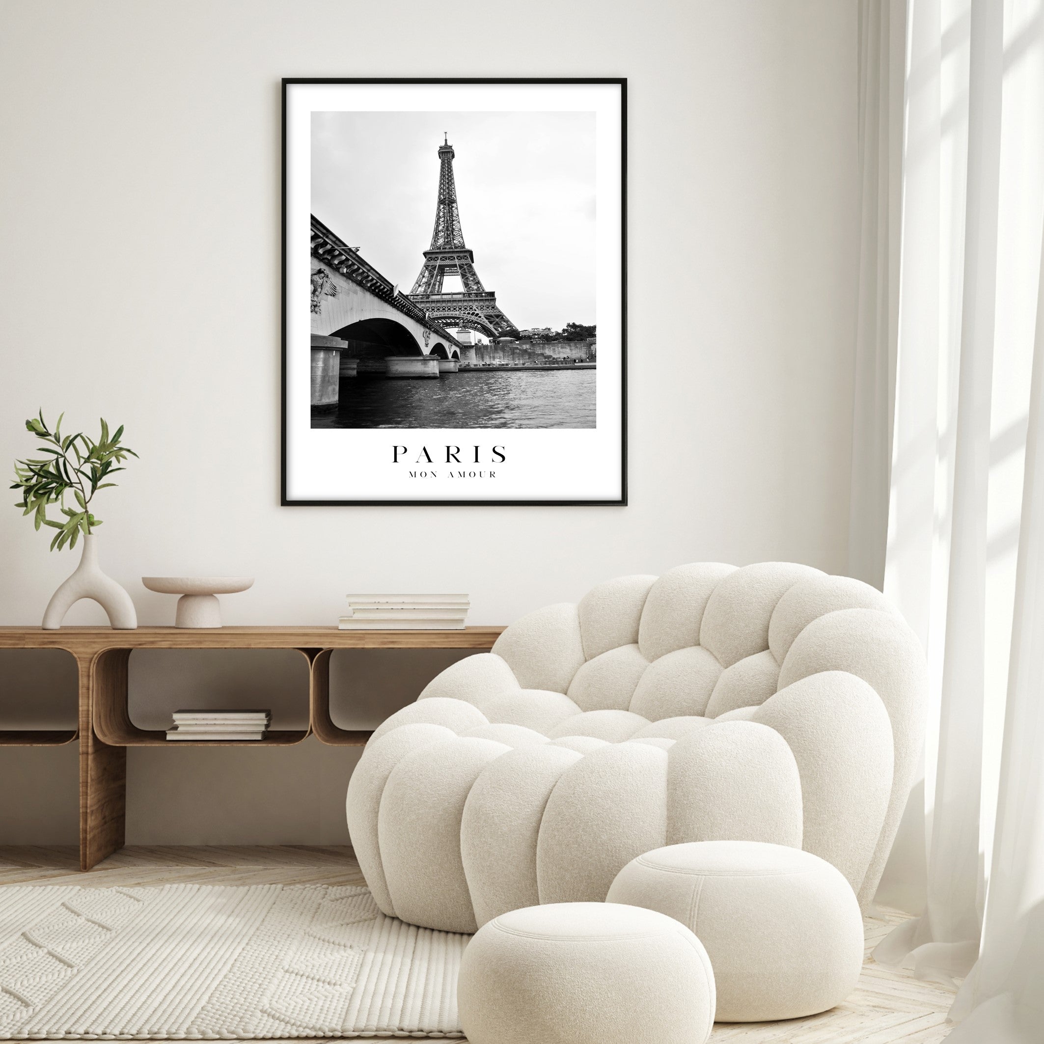 black and white paris photography art in white living room