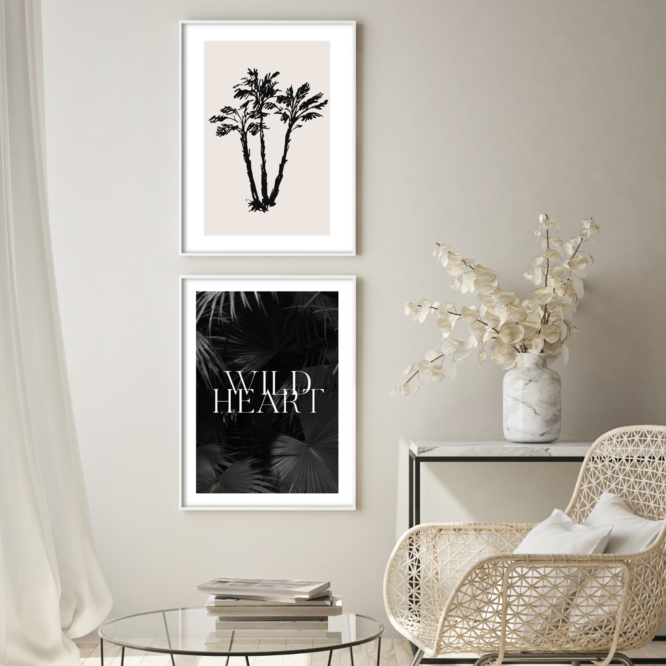 Poster of drawn art of Black Palm Trees in a cream colour living room with cream furniture