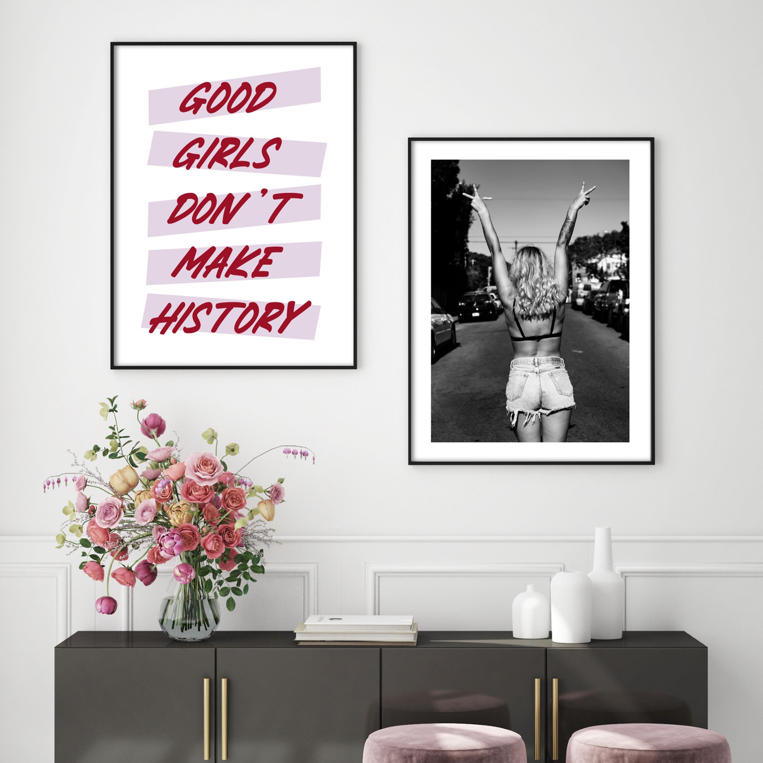 female power inspired wall art in pretty living room