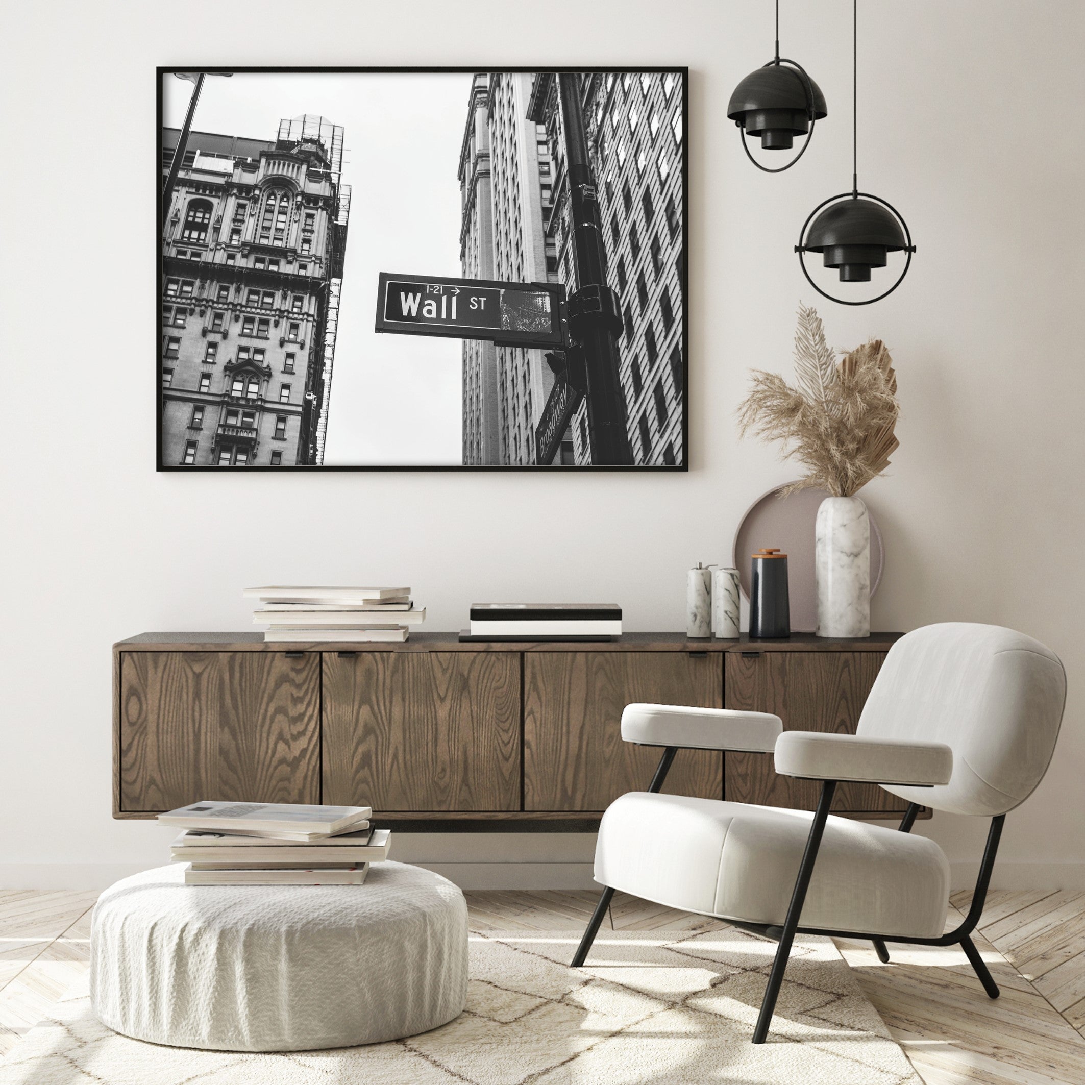 black and white new york wall st poster in modern home