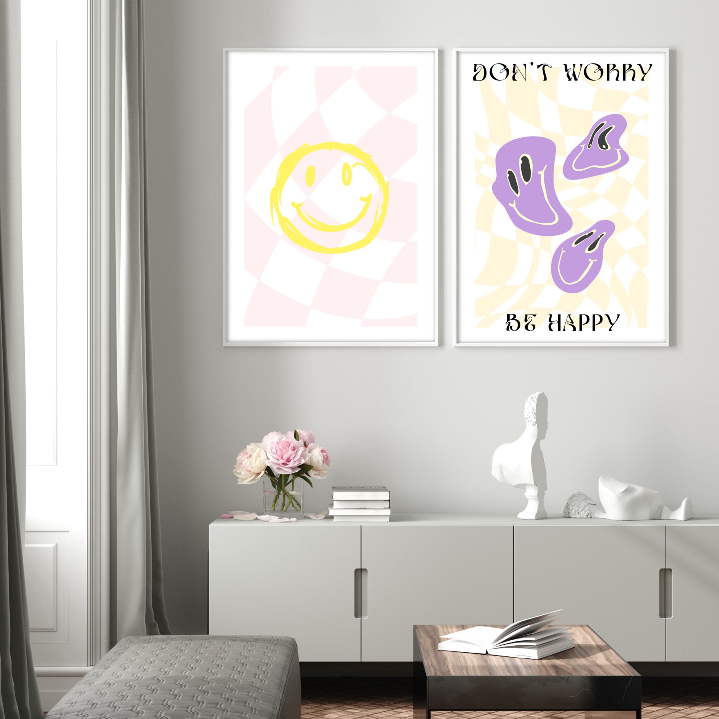 smiley face y2k wall posters in modern living room