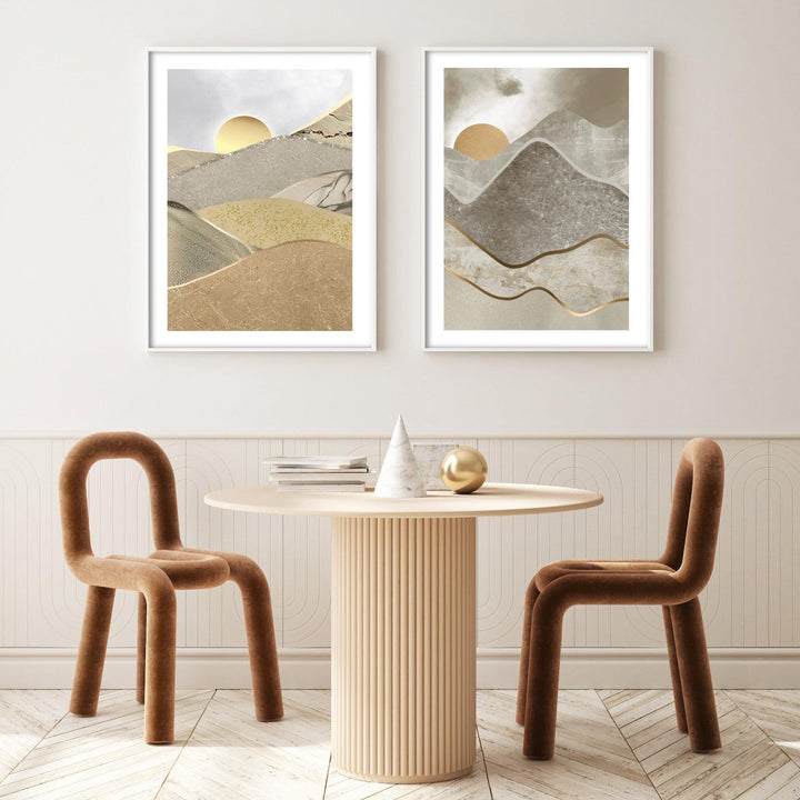 gold abstract mountain wall art in boho style neutral dining room