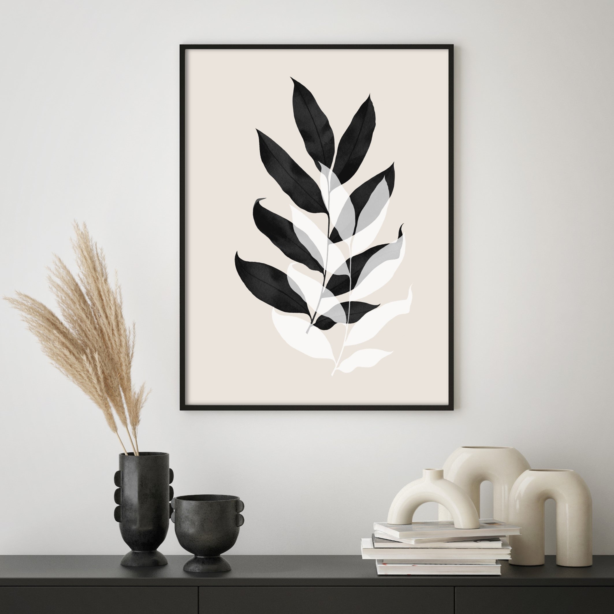 neutral wall art of abstract leaves in modern room