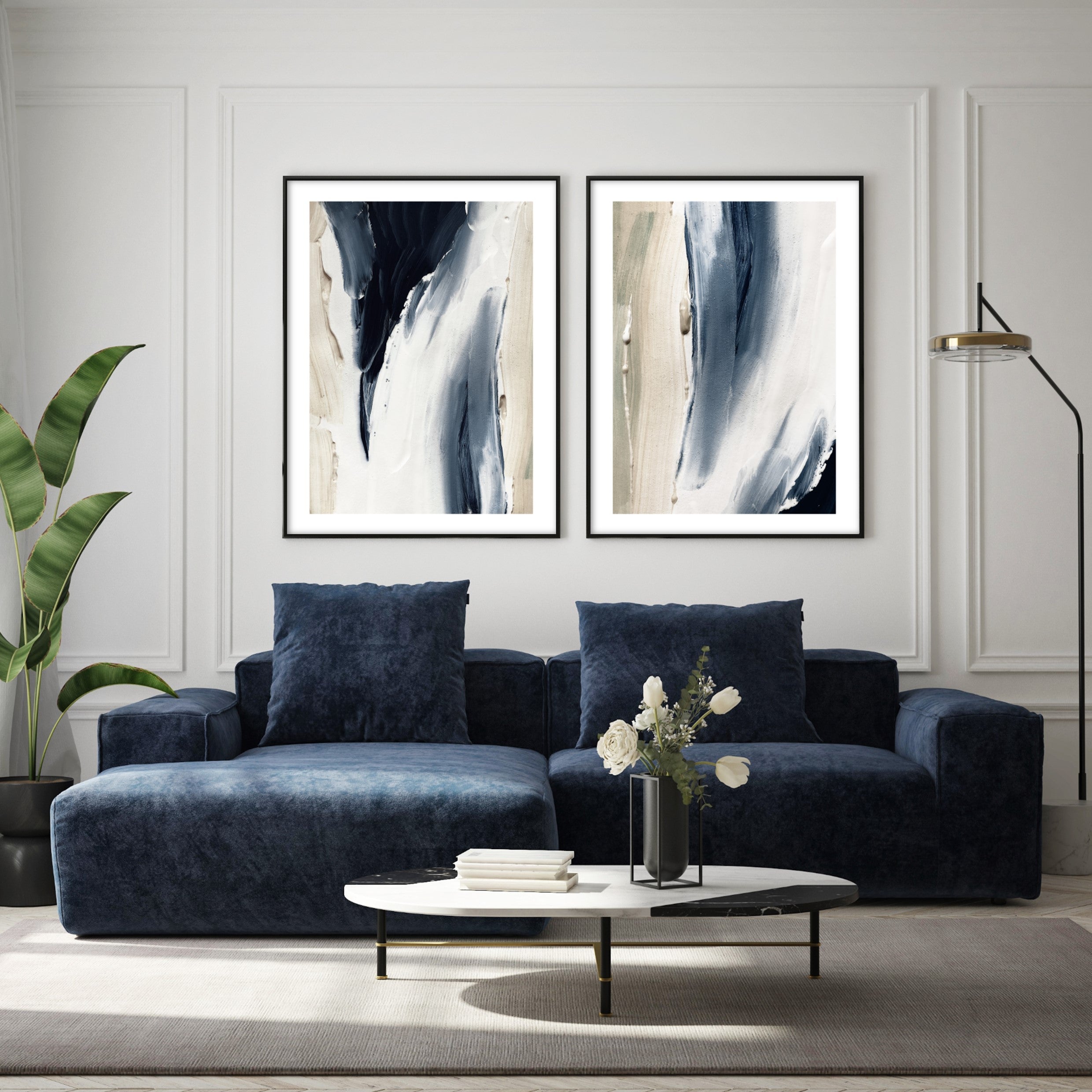 stylish navy blue and beige acrylic paint wall posters in modern living room