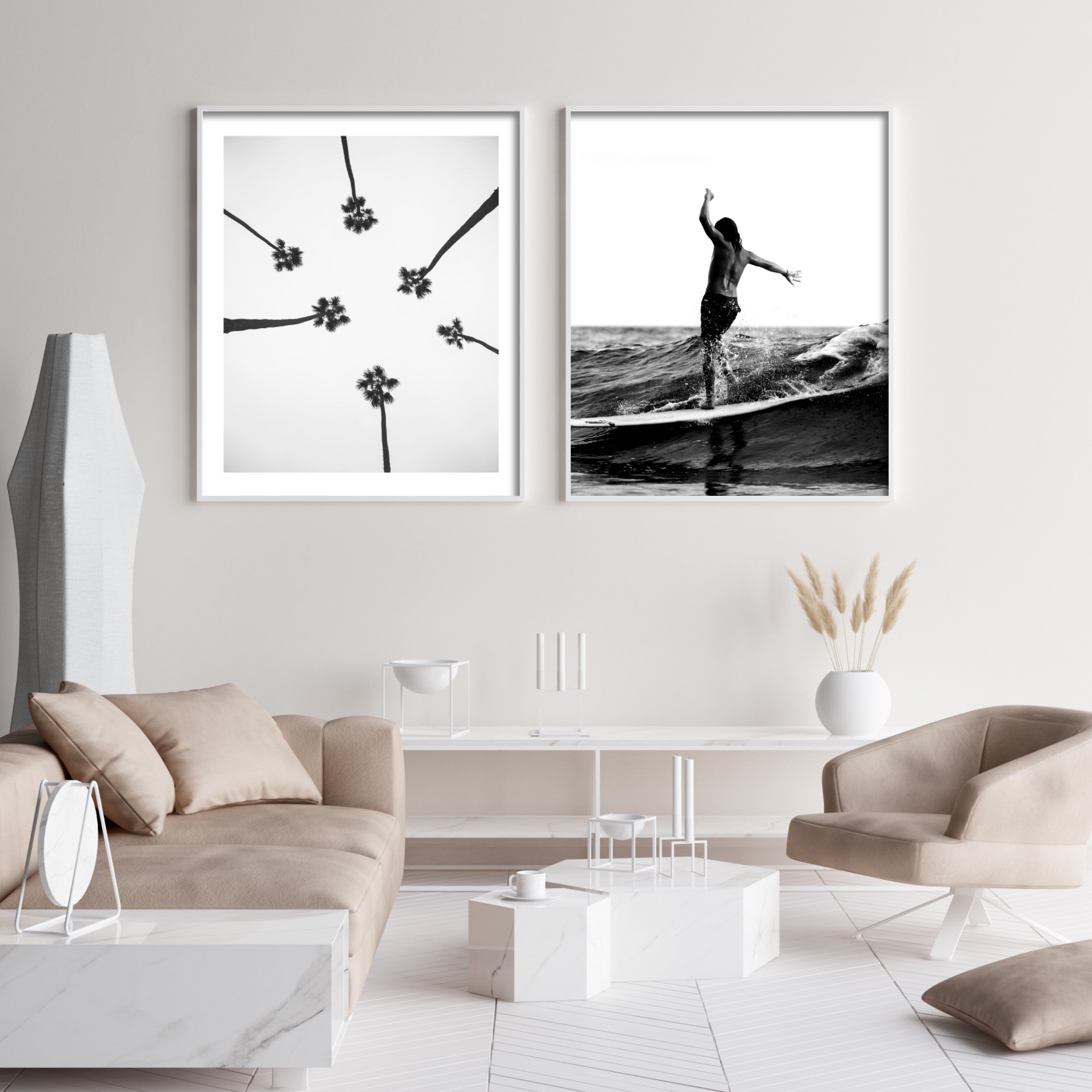 beach wall art in neutral living room