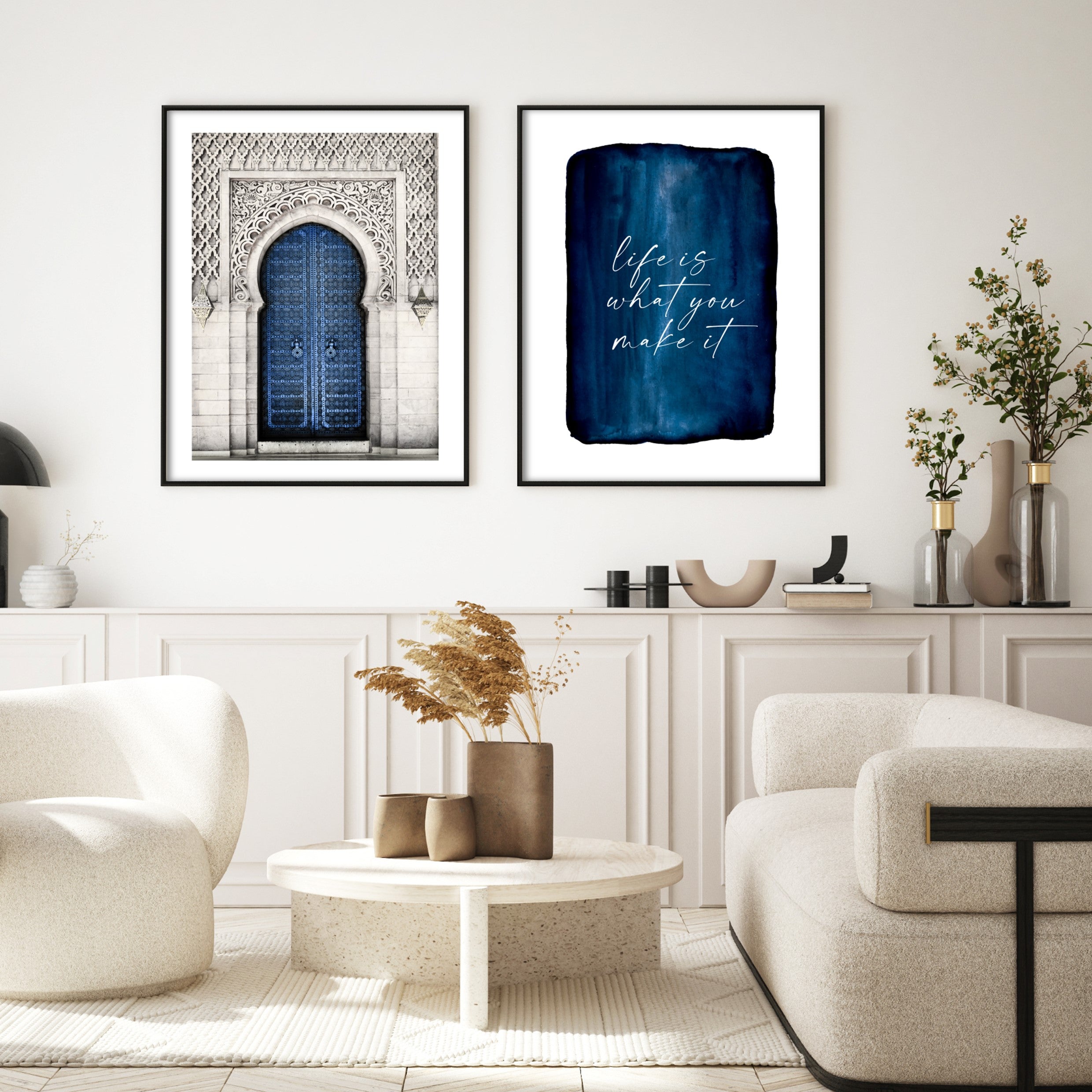 blue wall prints in neutral scandi living room