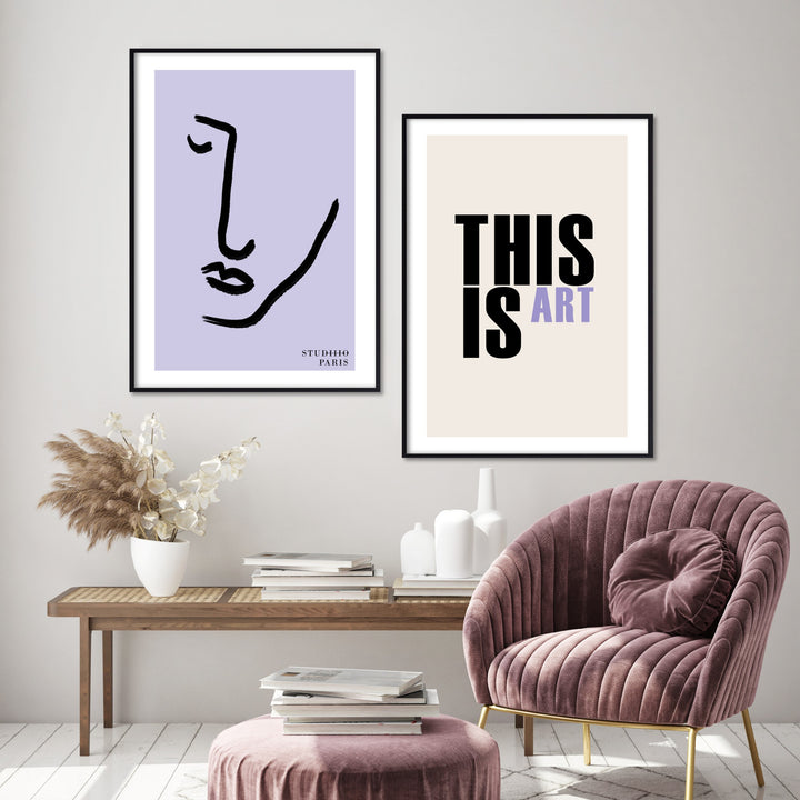 Modern scandi room with purple illustration and typography posters