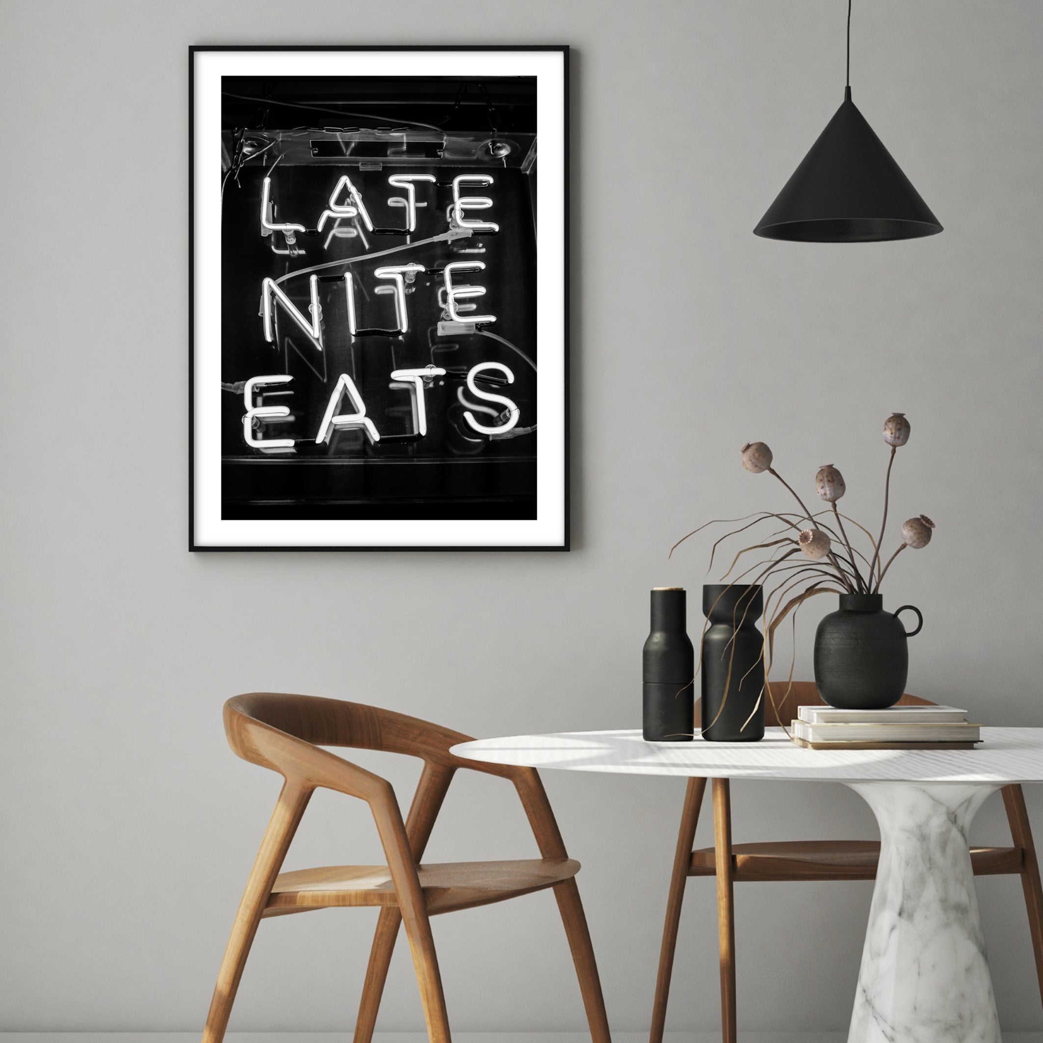 late nite eats black and white kitchen print 