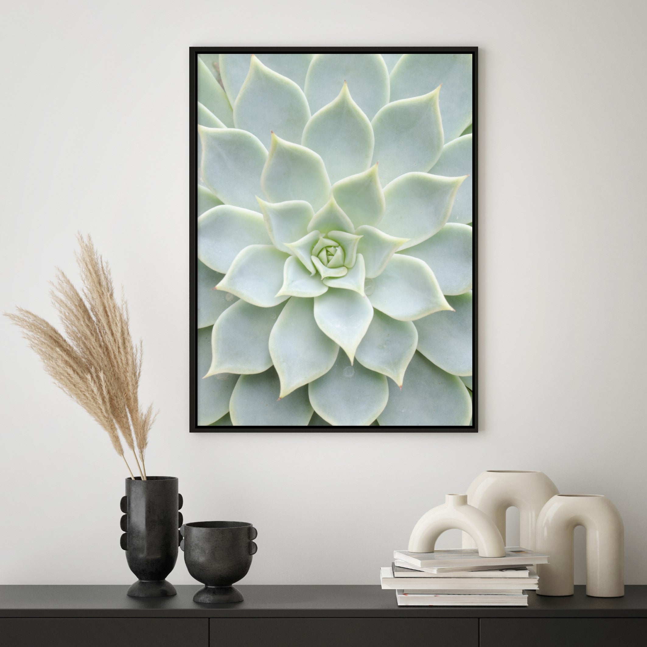 close up cactus wall art in scandi room