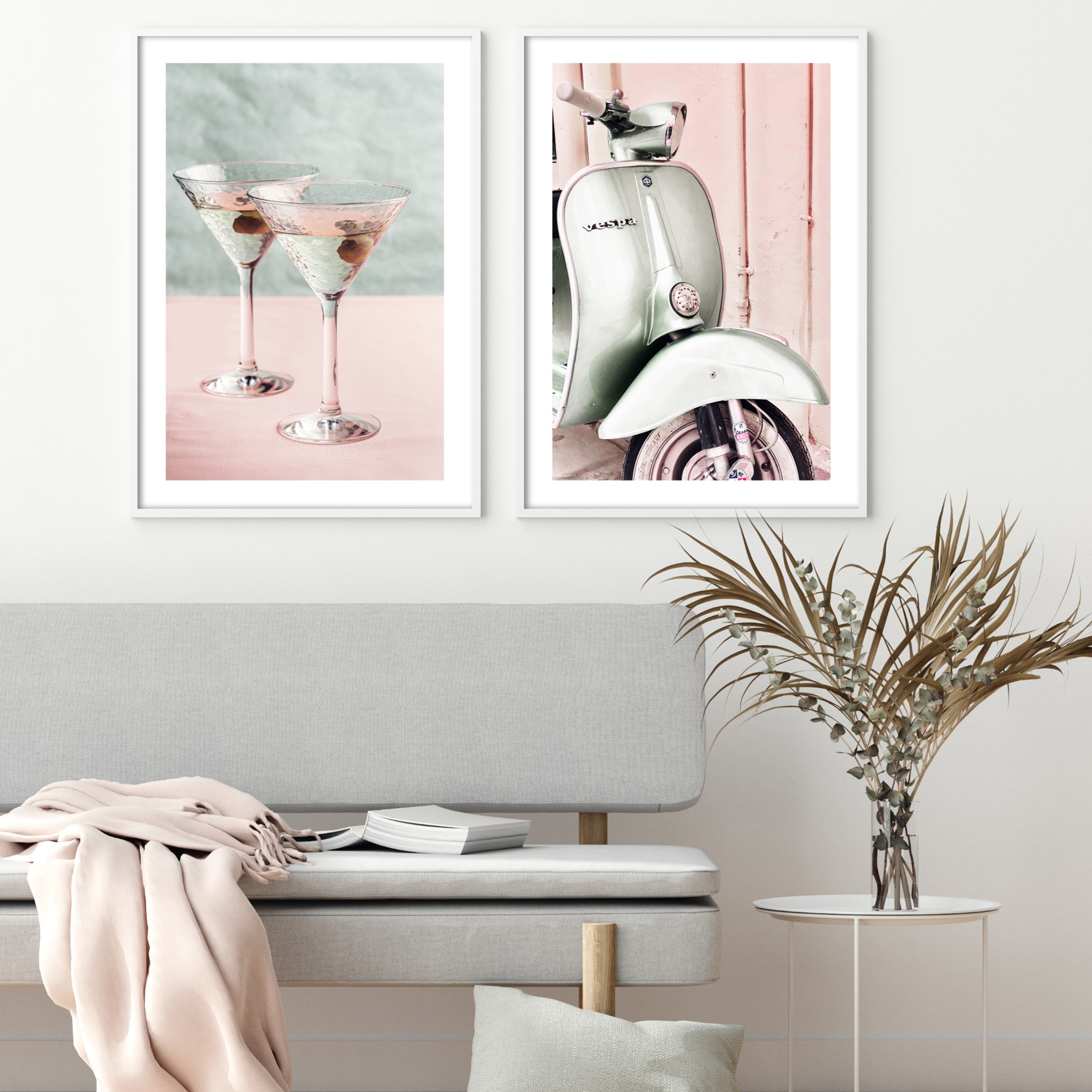 Print of a Vespa Scooter in a Pink and Light Grey Themed Sitting Area