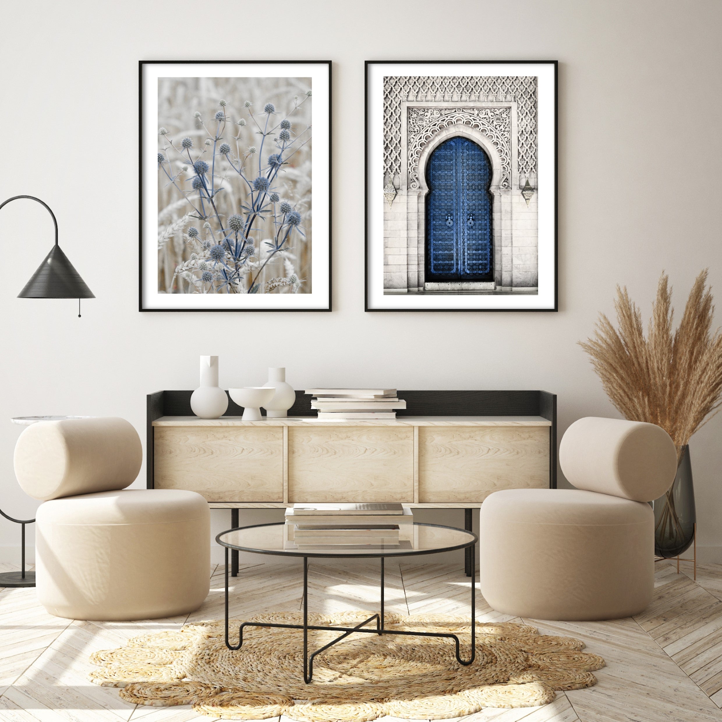 blue and neutral wall art in scandi living room