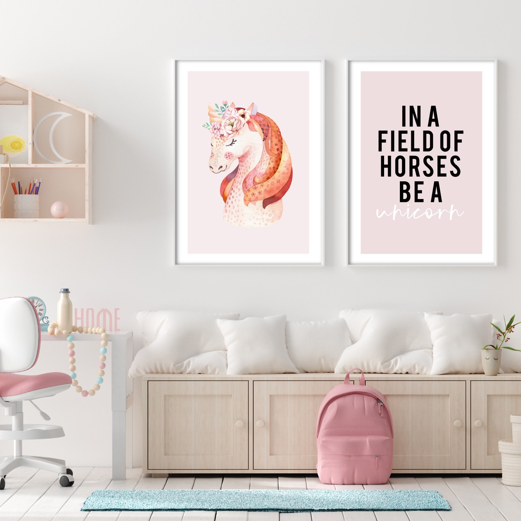 pink kids wall art in cute bedroom