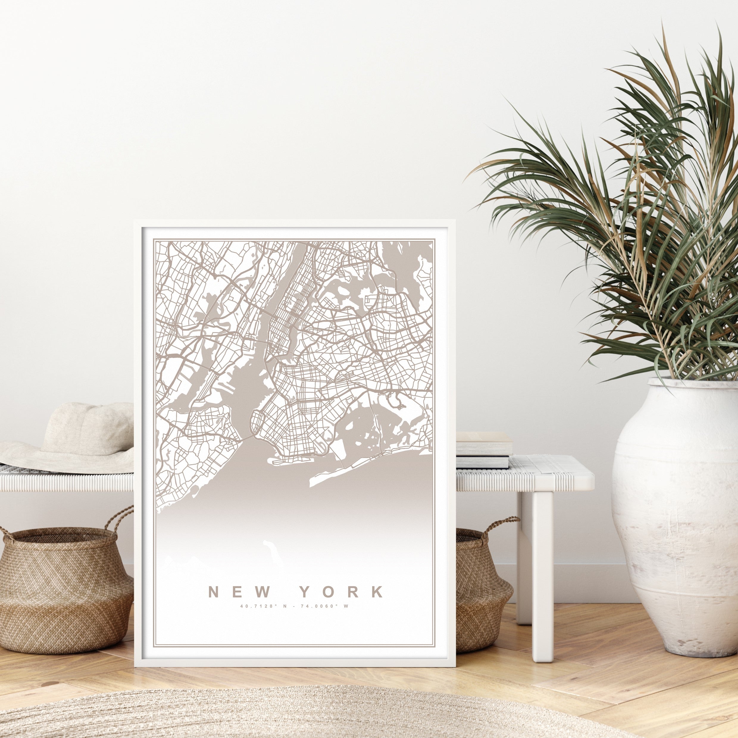 neutral new york wall map print in boho hallway