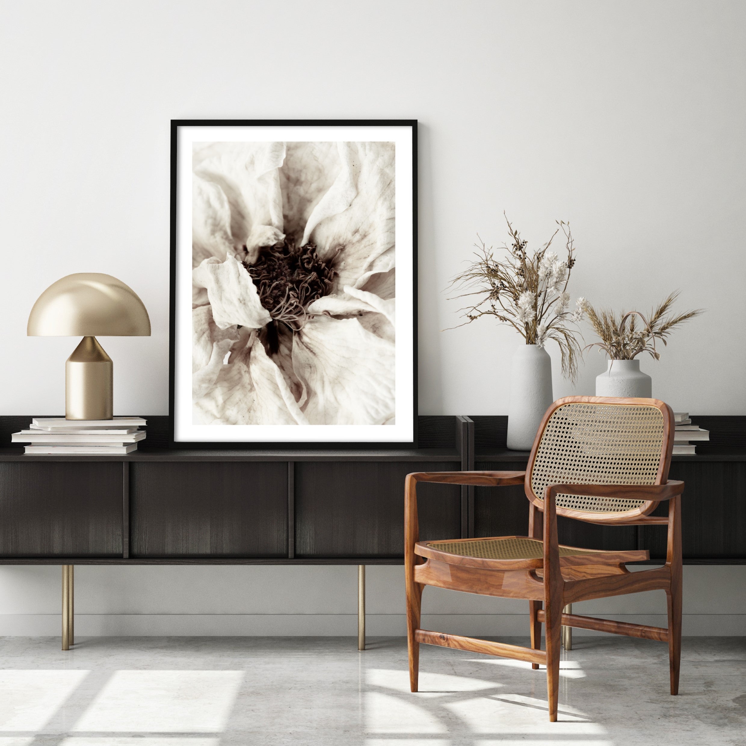 neutral dried flower in modern scandi living room