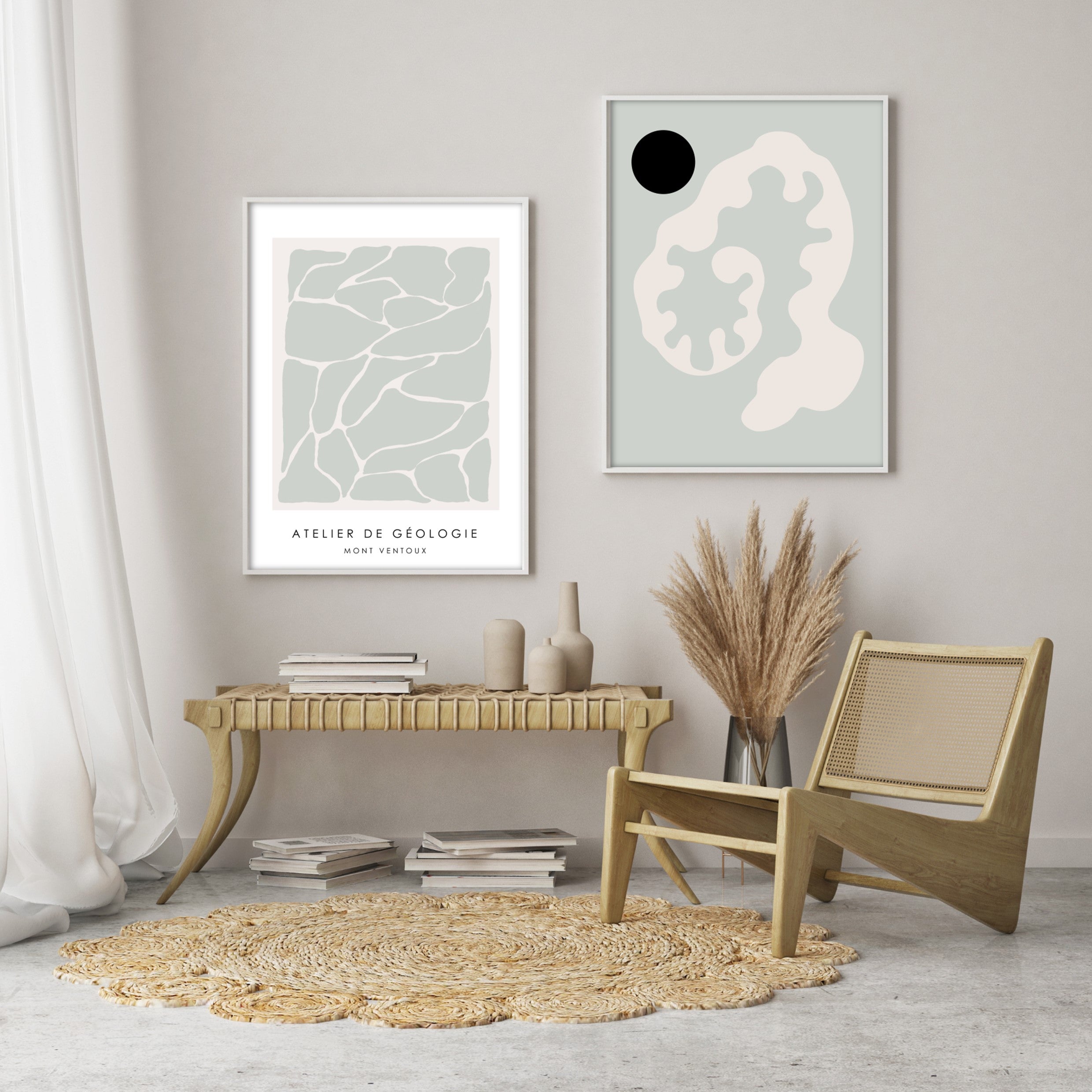 abstract sage green interior wall art in boho style living room