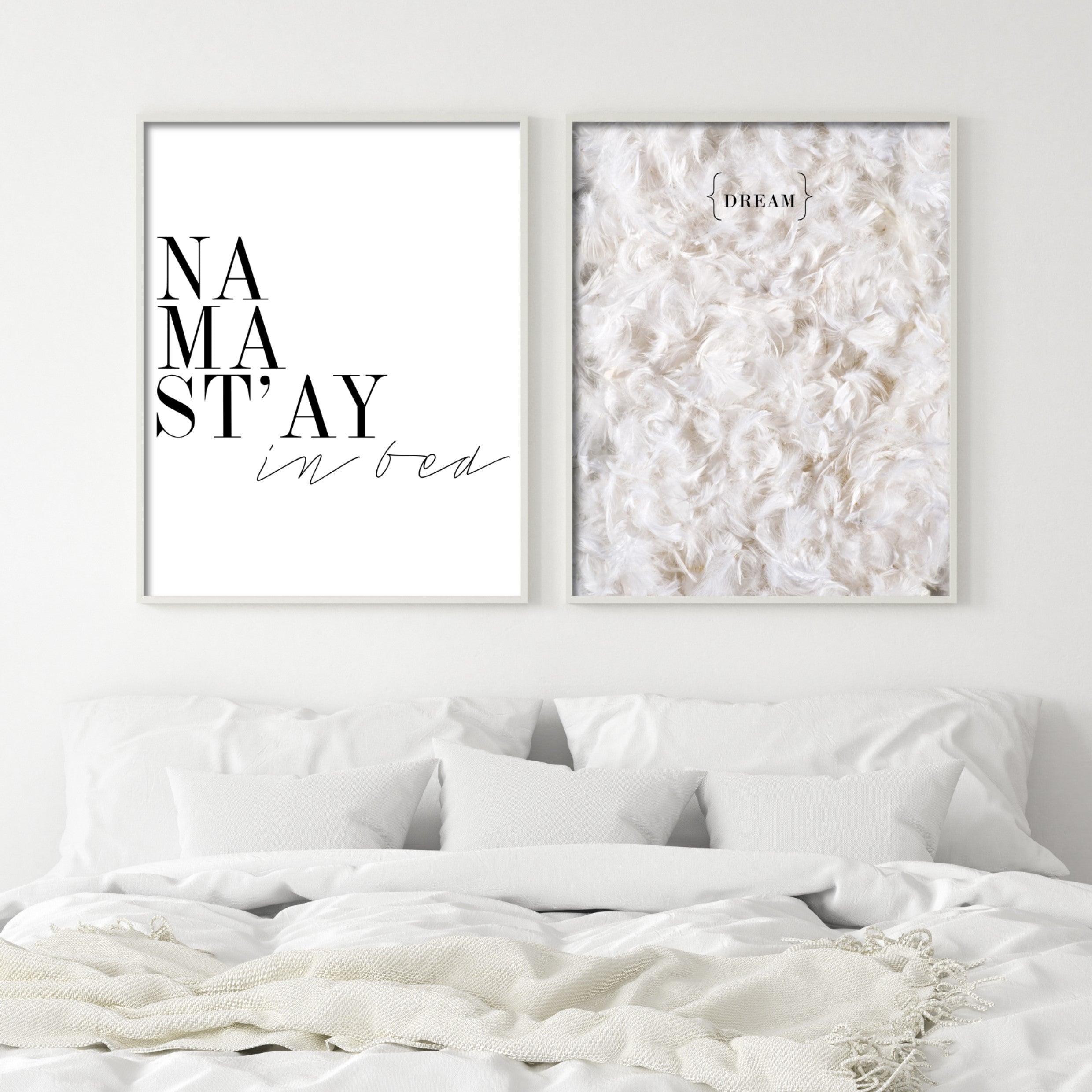 Bedroom poster of Namaste in Bed in a large white wood frame