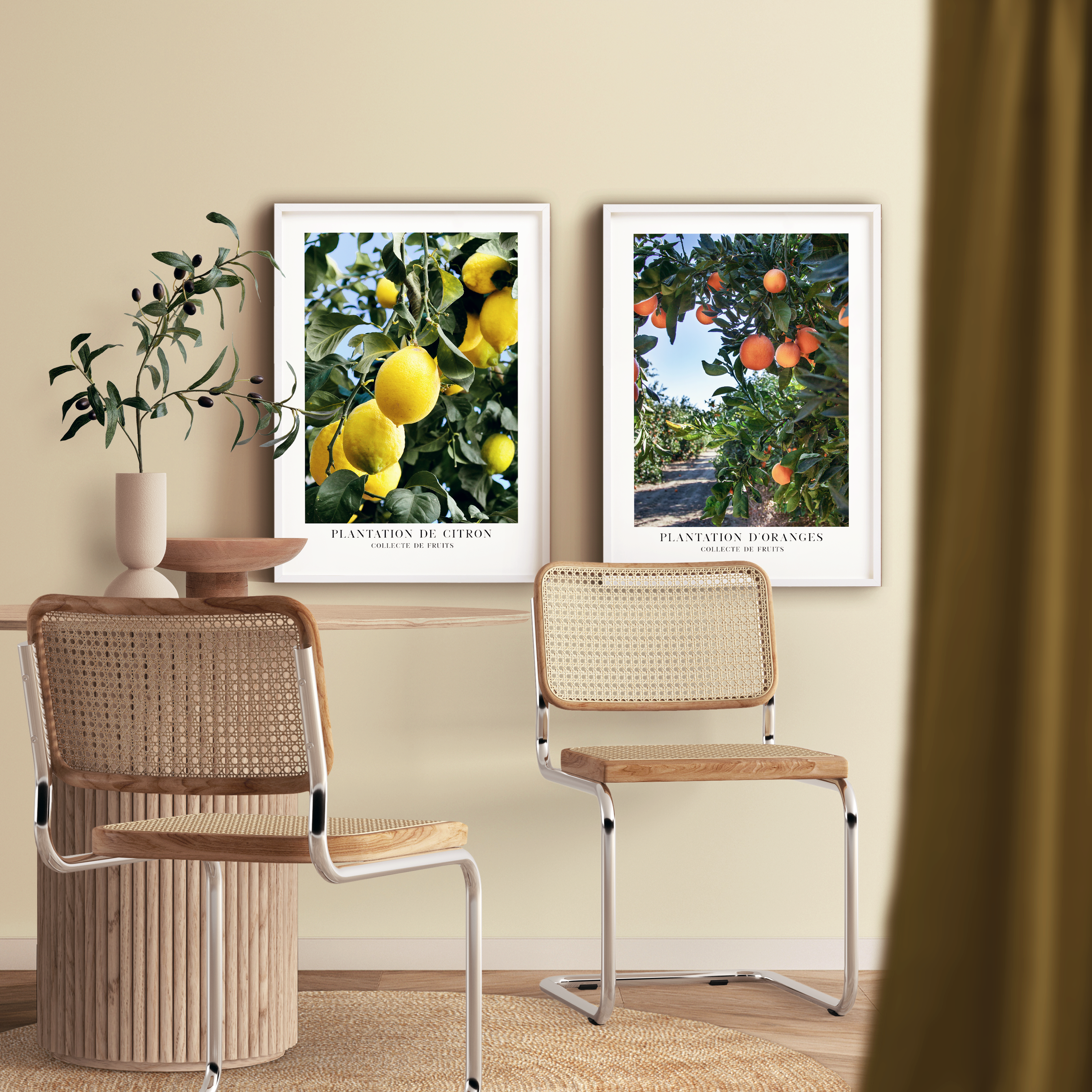 posters of lemon and orange trees in glamorous dining room