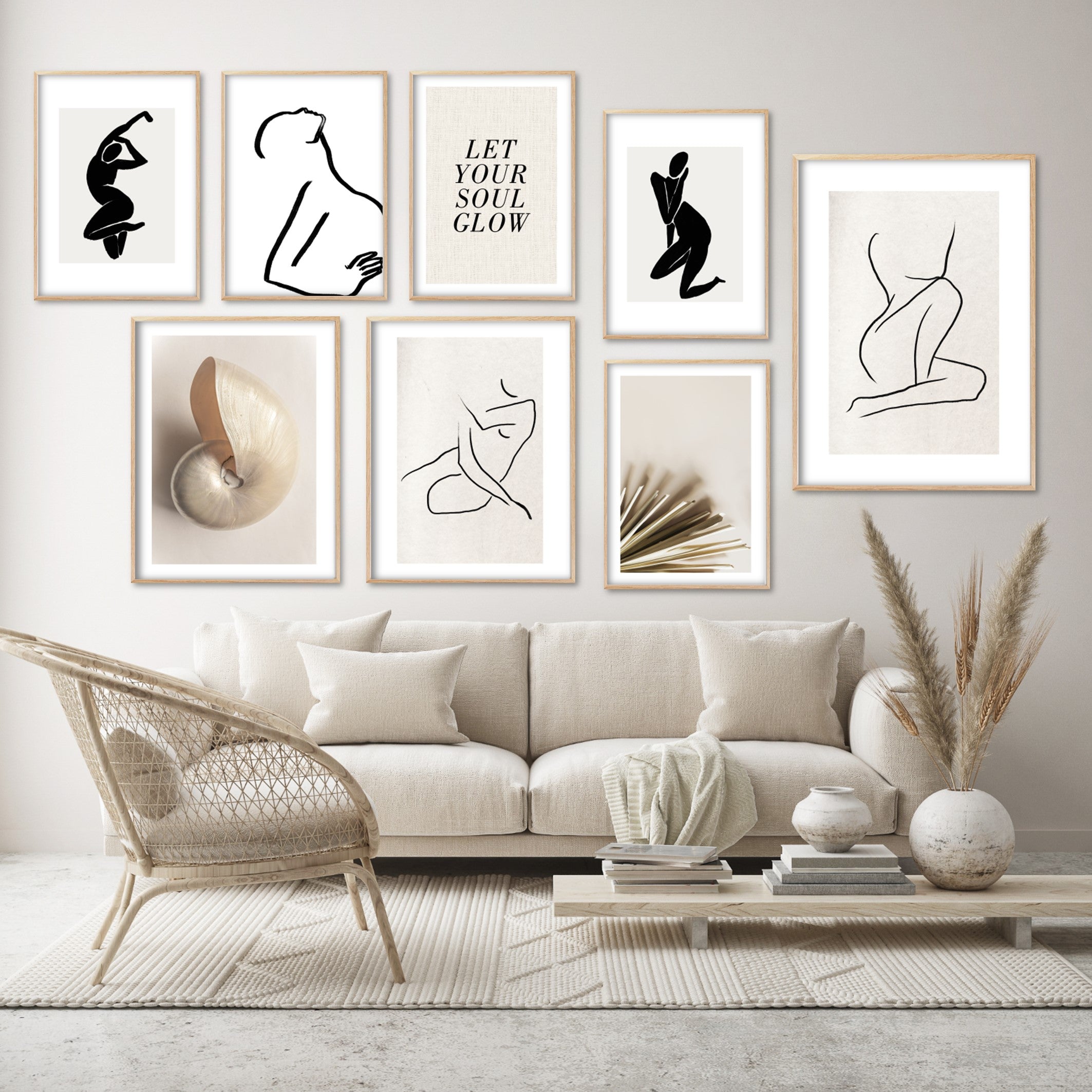 neutral wall art gallery wall in boho cream living room