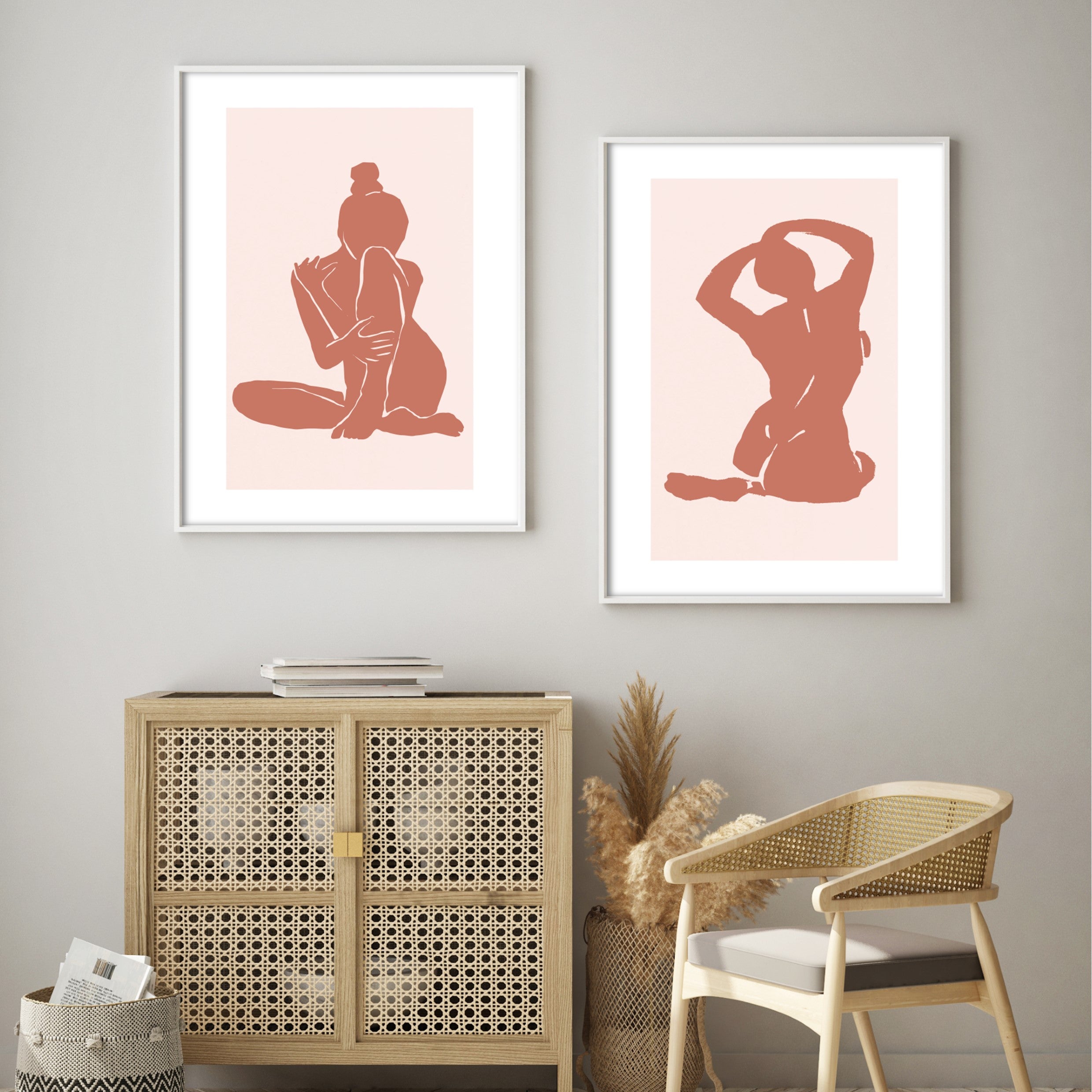 Drawn dark orange woman figure art print in a weaved wood themed living room