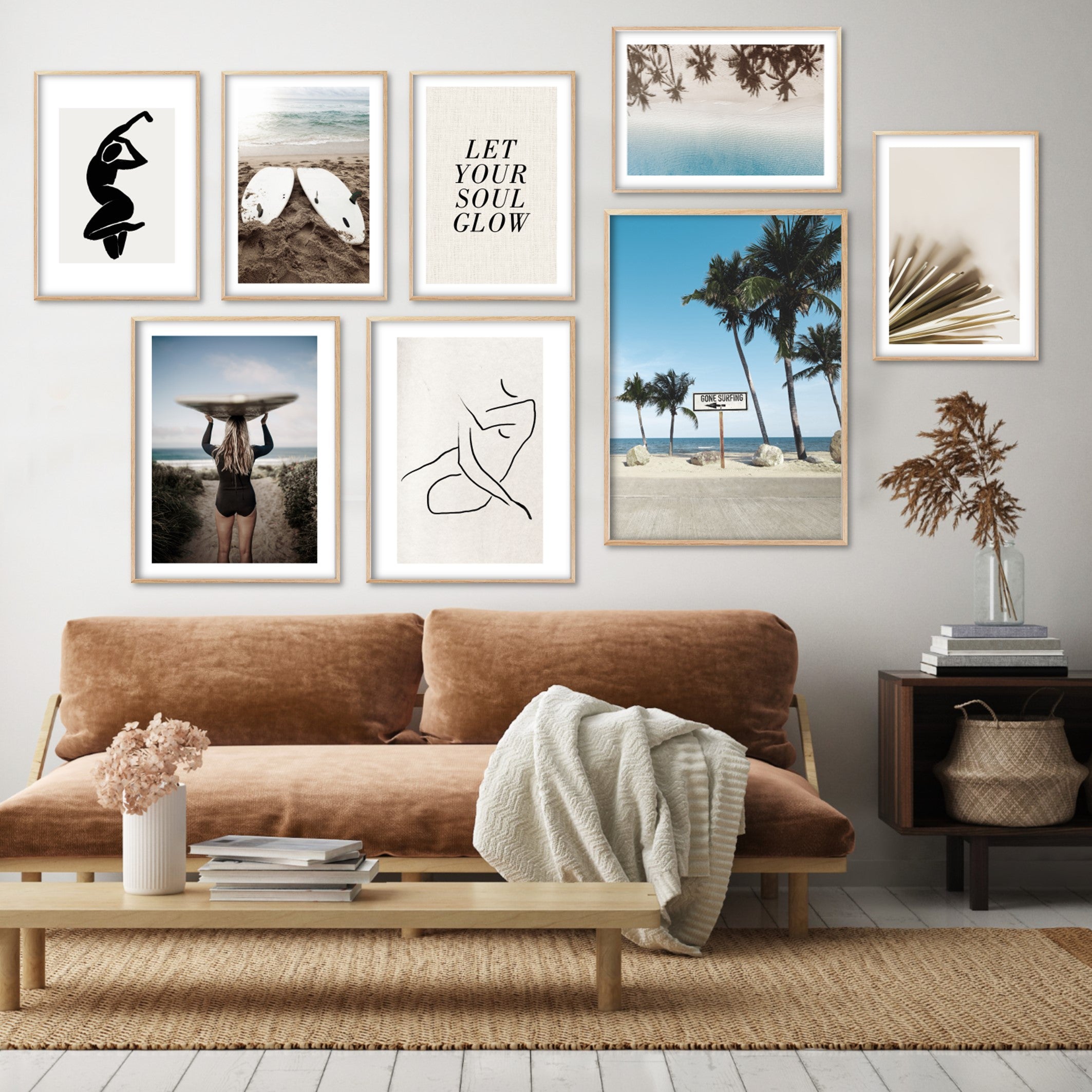 Print poster wall art gone surfing sign on sunny beach day with palm trees in light décor living room