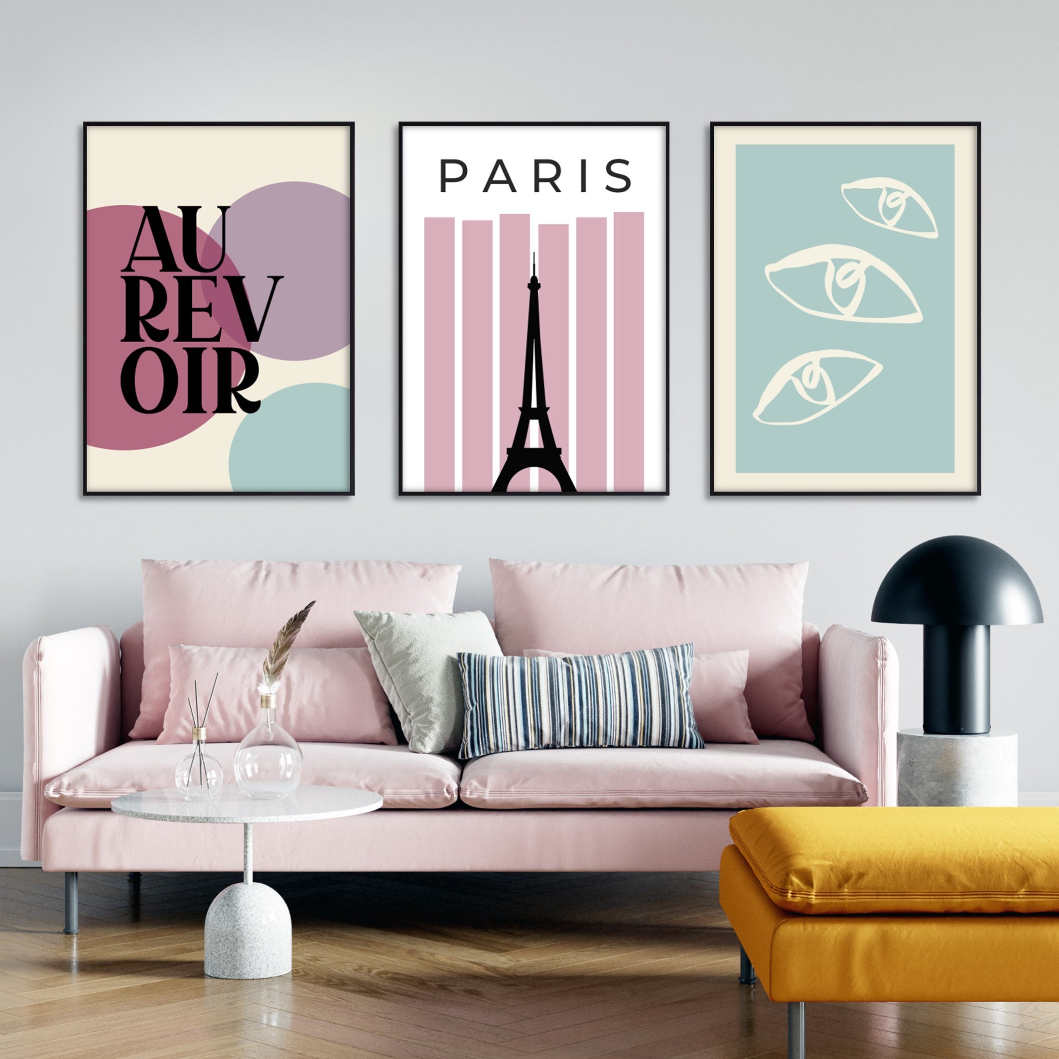 Posters inspired by Emily in Paris in colourful modern room