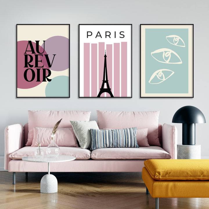 Posters inspired by Emily in Paris in colourful modern room