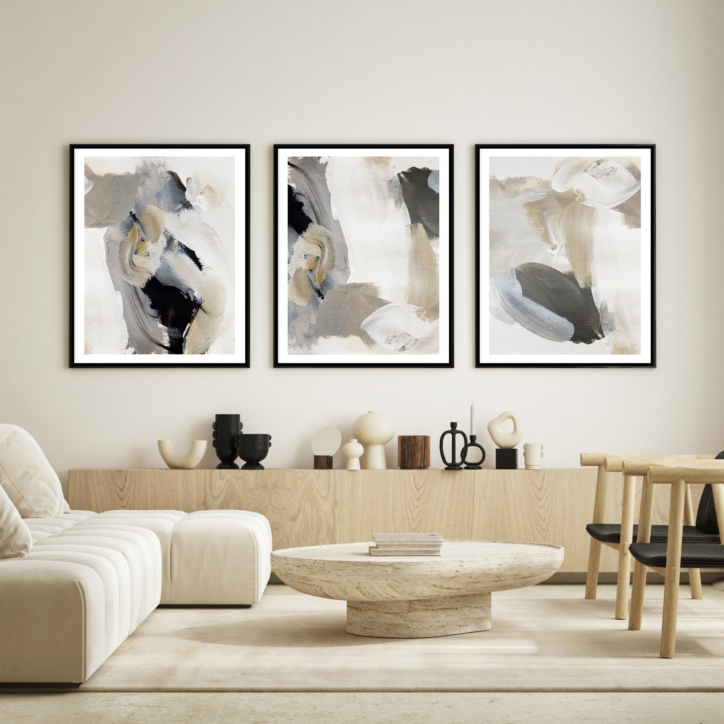 abstract acrylic strokes wall art in japandi home