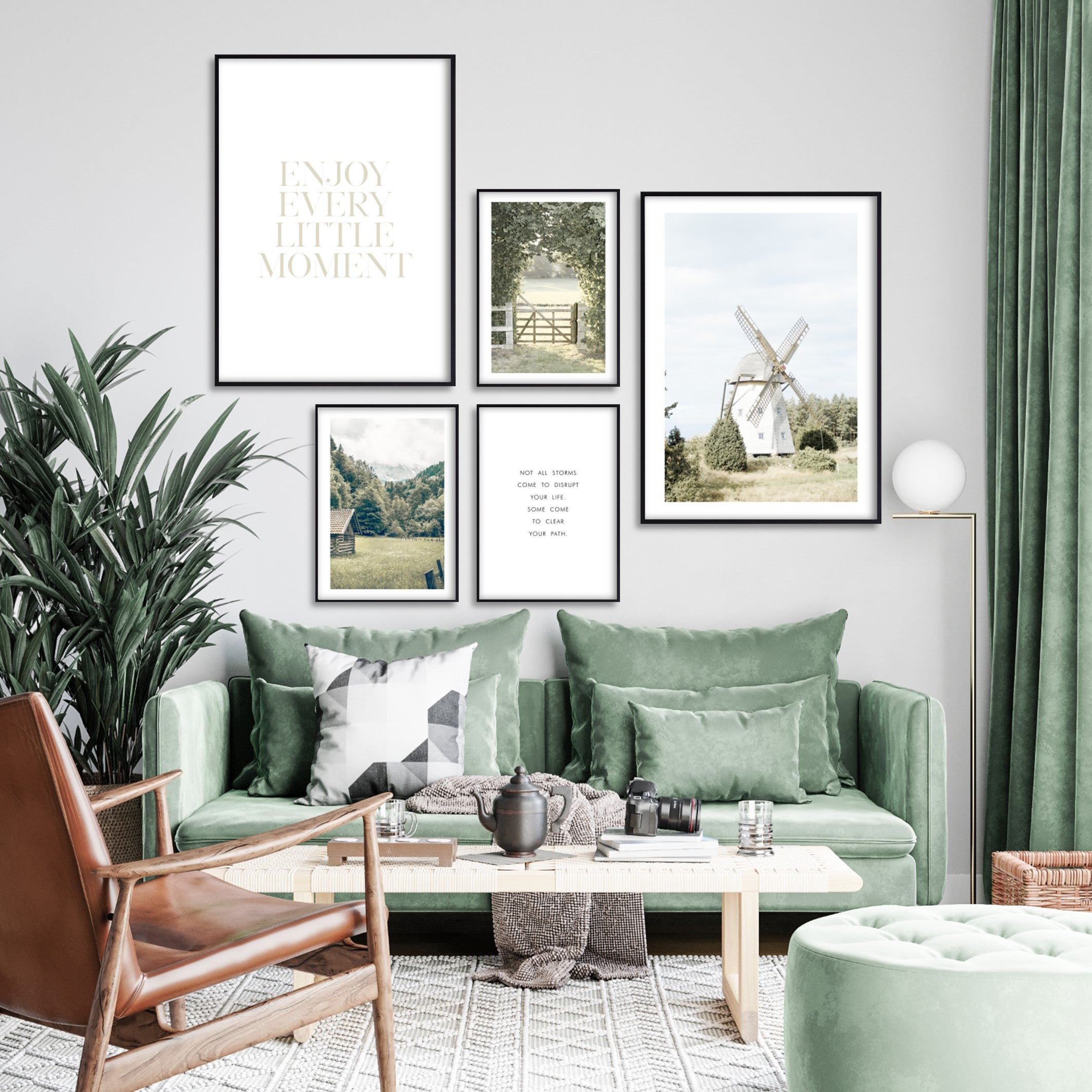 Beautiful calm green posters in modern living room with green velvet sofa