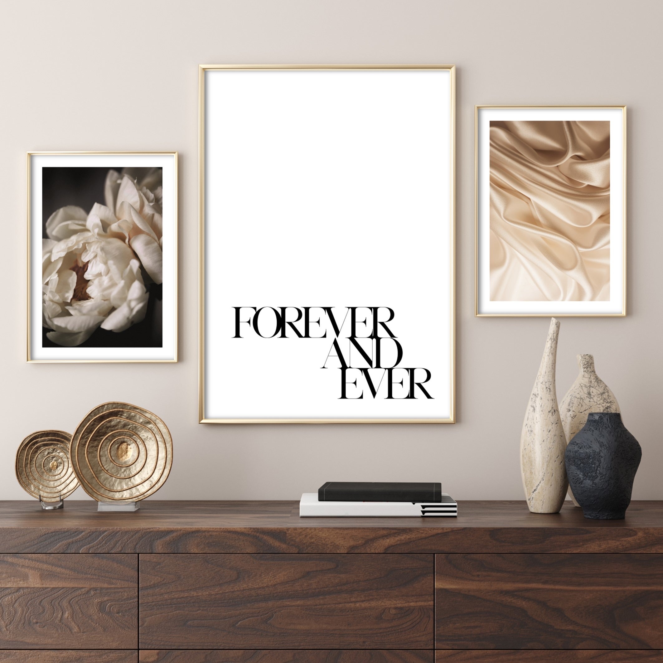 Brown Sideboard with abstract home accessories and Gold poster frames with romantic wall posters