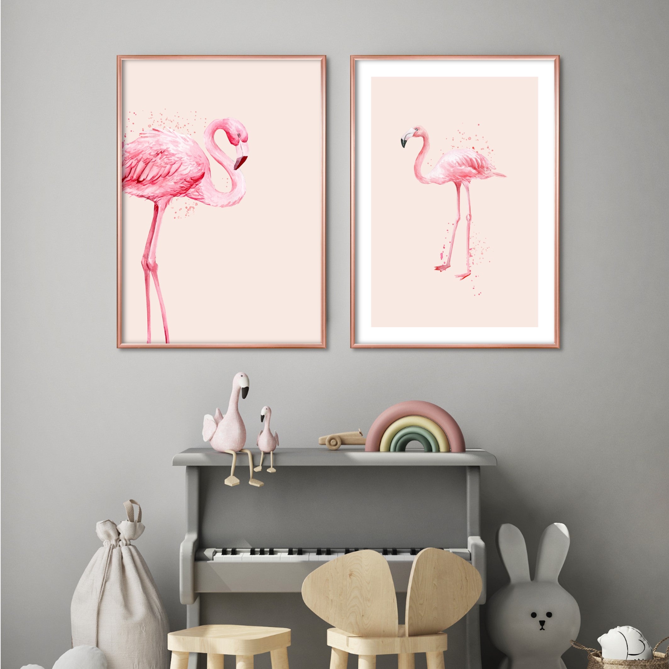 pink flamingo illustrations in copper frames