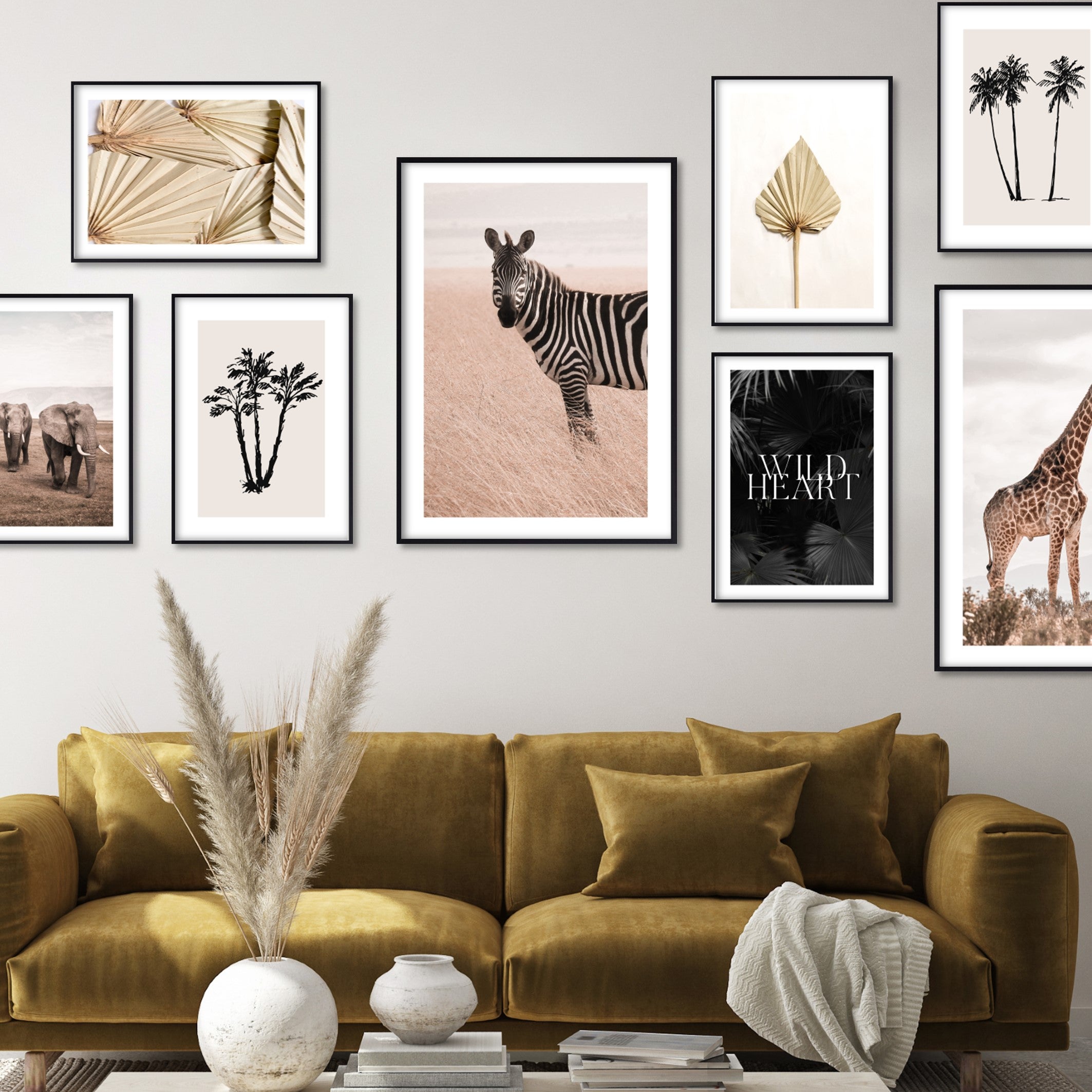 Wild Heart printed on black and white jungle background in a jungle theme living room