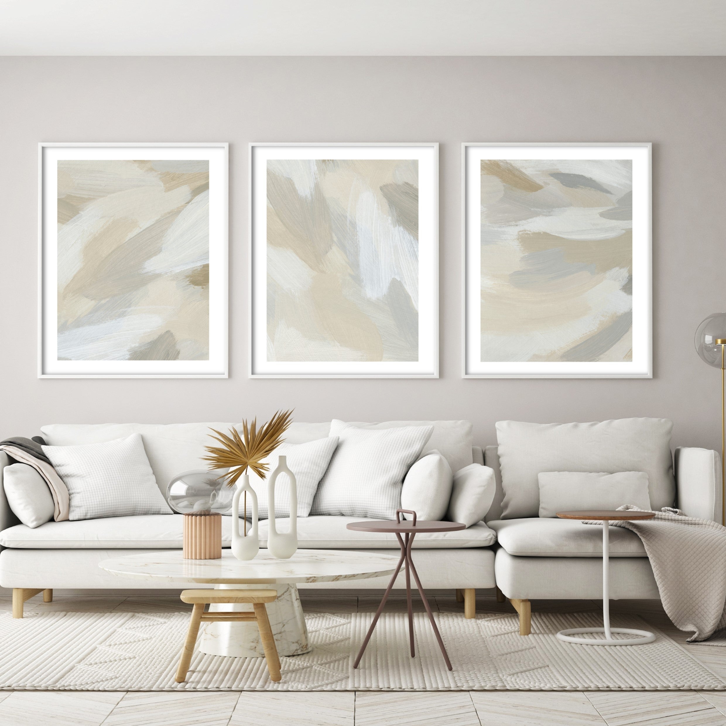 soft neutral wall prints in modern living room