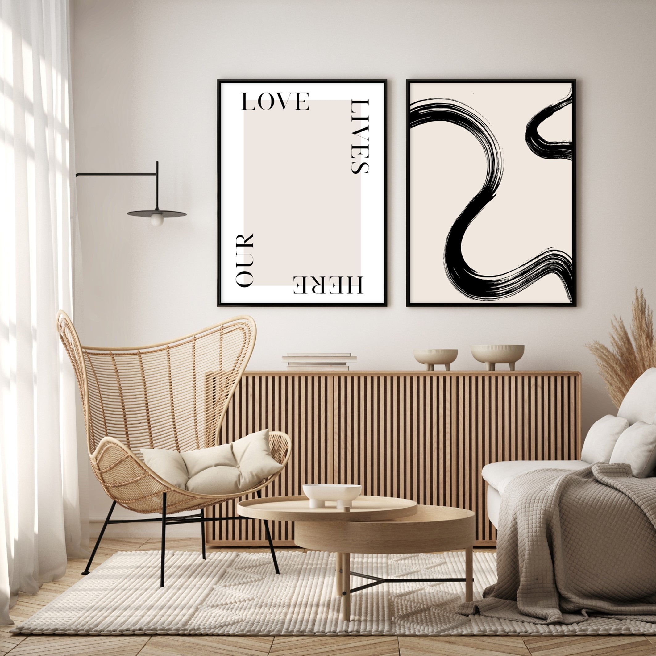 beige wall art print set in boho living room