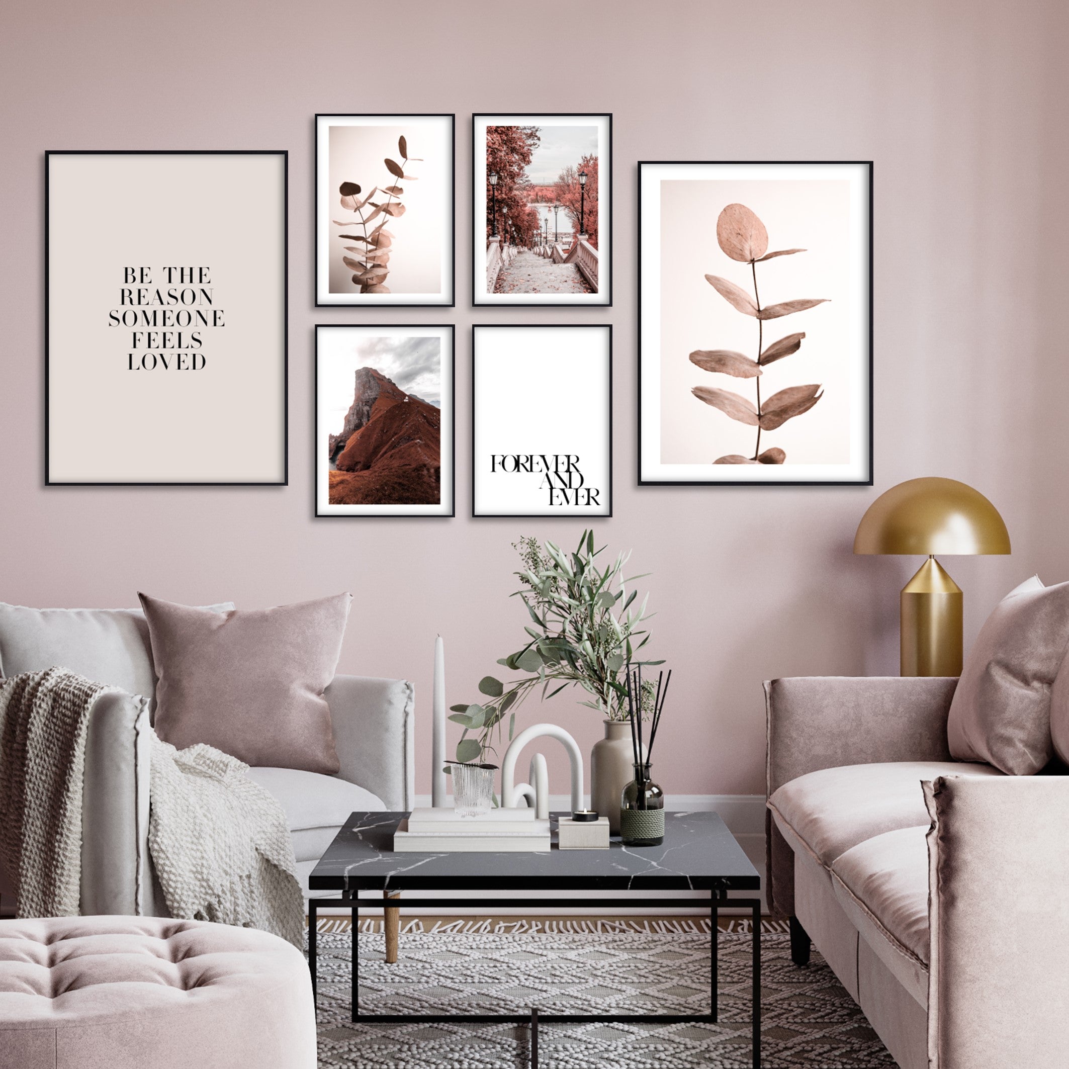 Gallery Wall Art with Black Wood Poster Frames in Pink Room with Gold Lamp