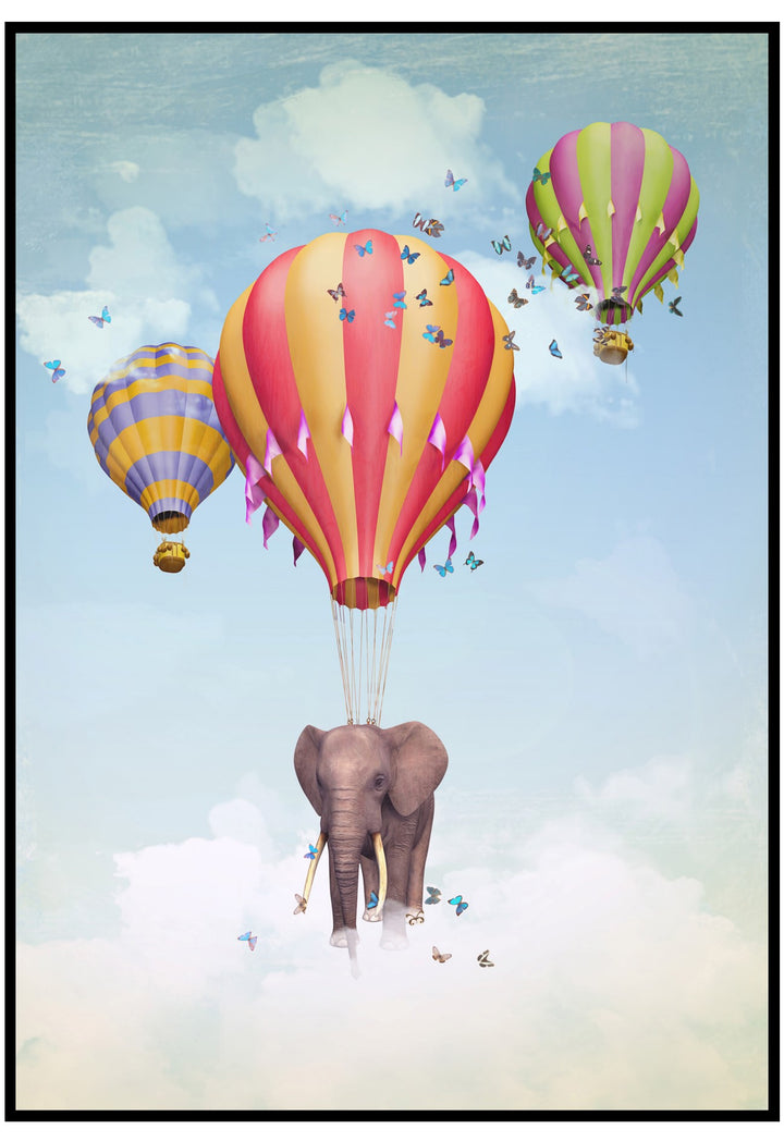 elephant in the sky illustrated wall art in black picture frame