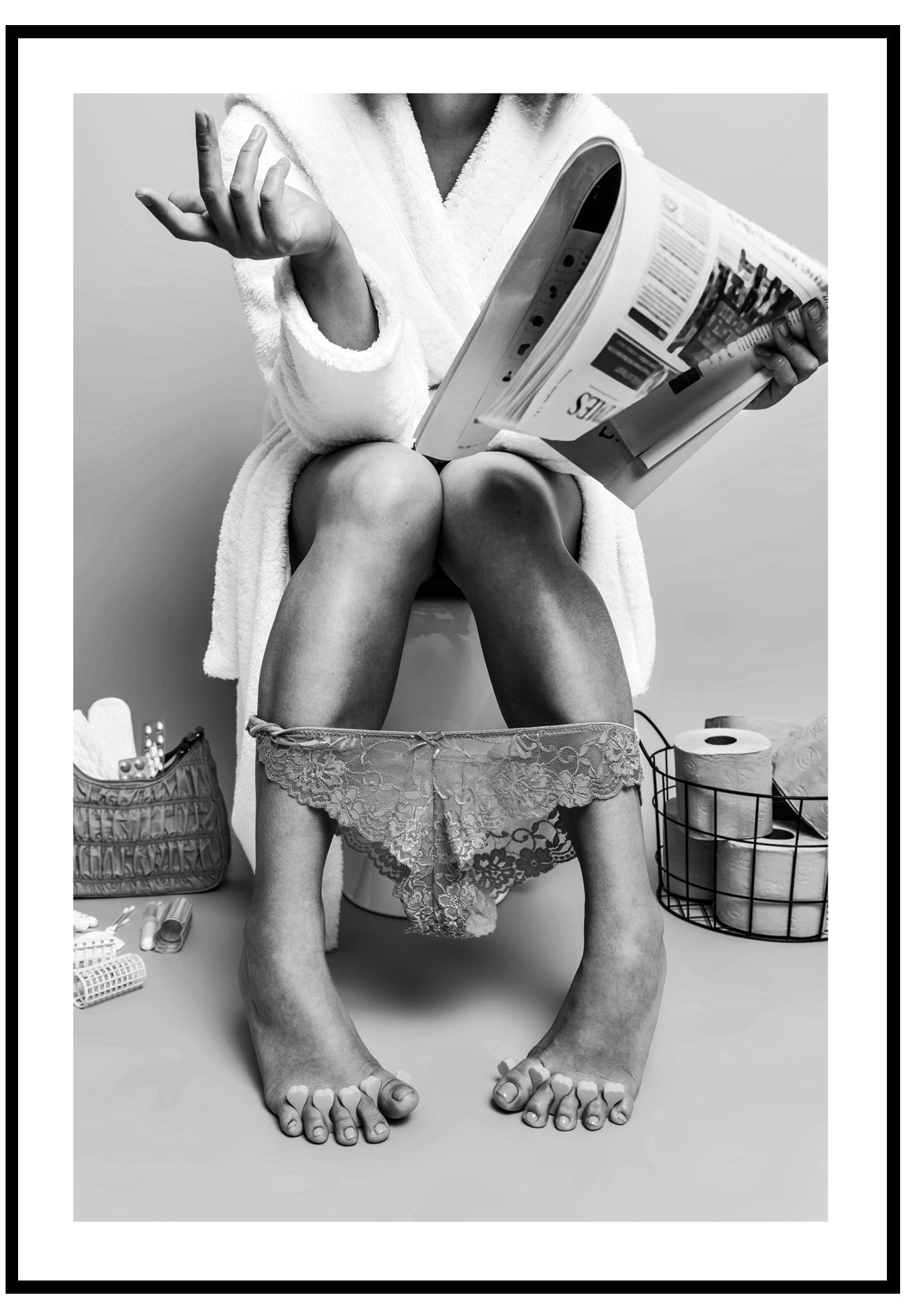 poster of a woman reading a newspaper on the toilet